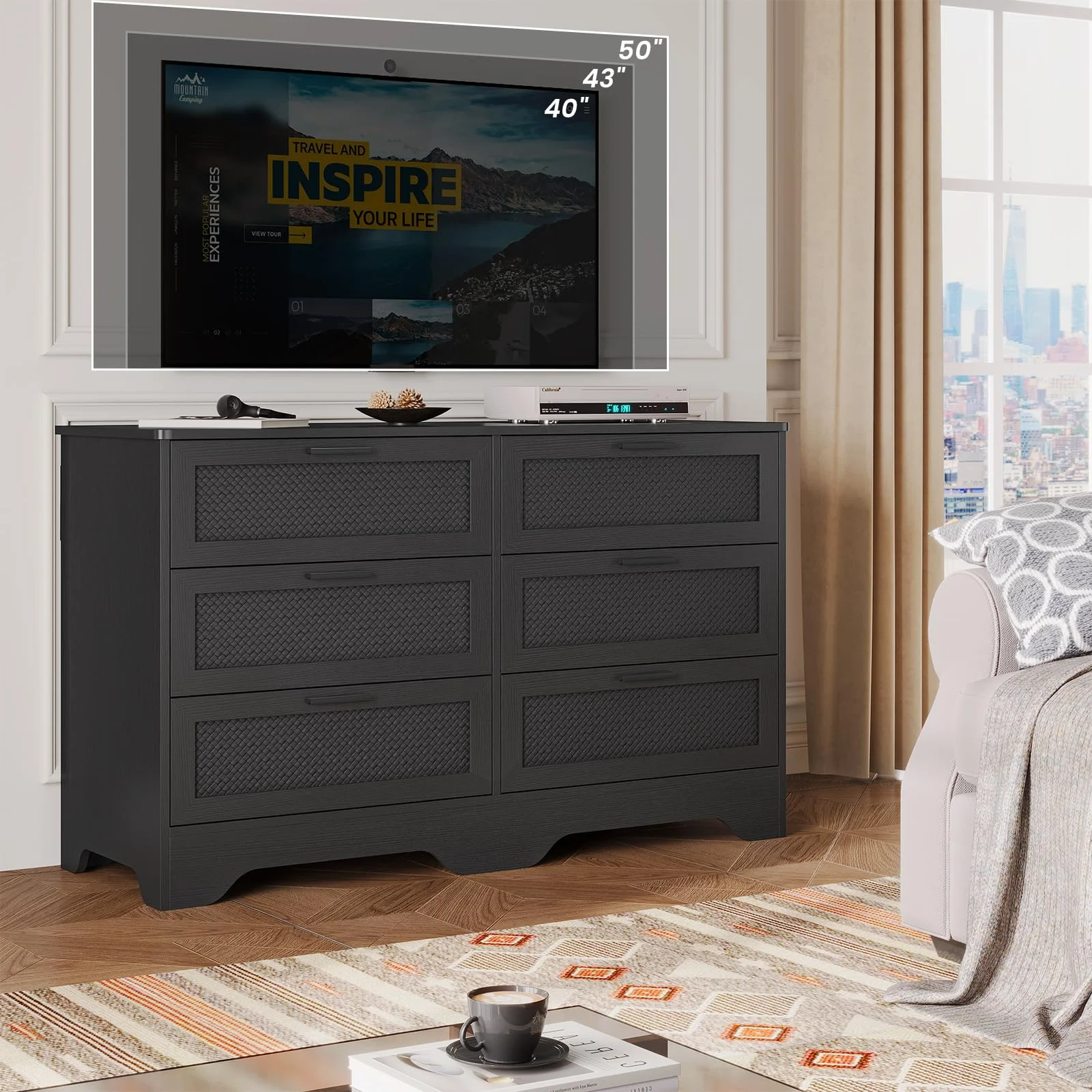 Black Chest of Drawers for Bedroom with 6 Drawers,Modern Wide Dresser with Woven Leather for Living Room Entrance