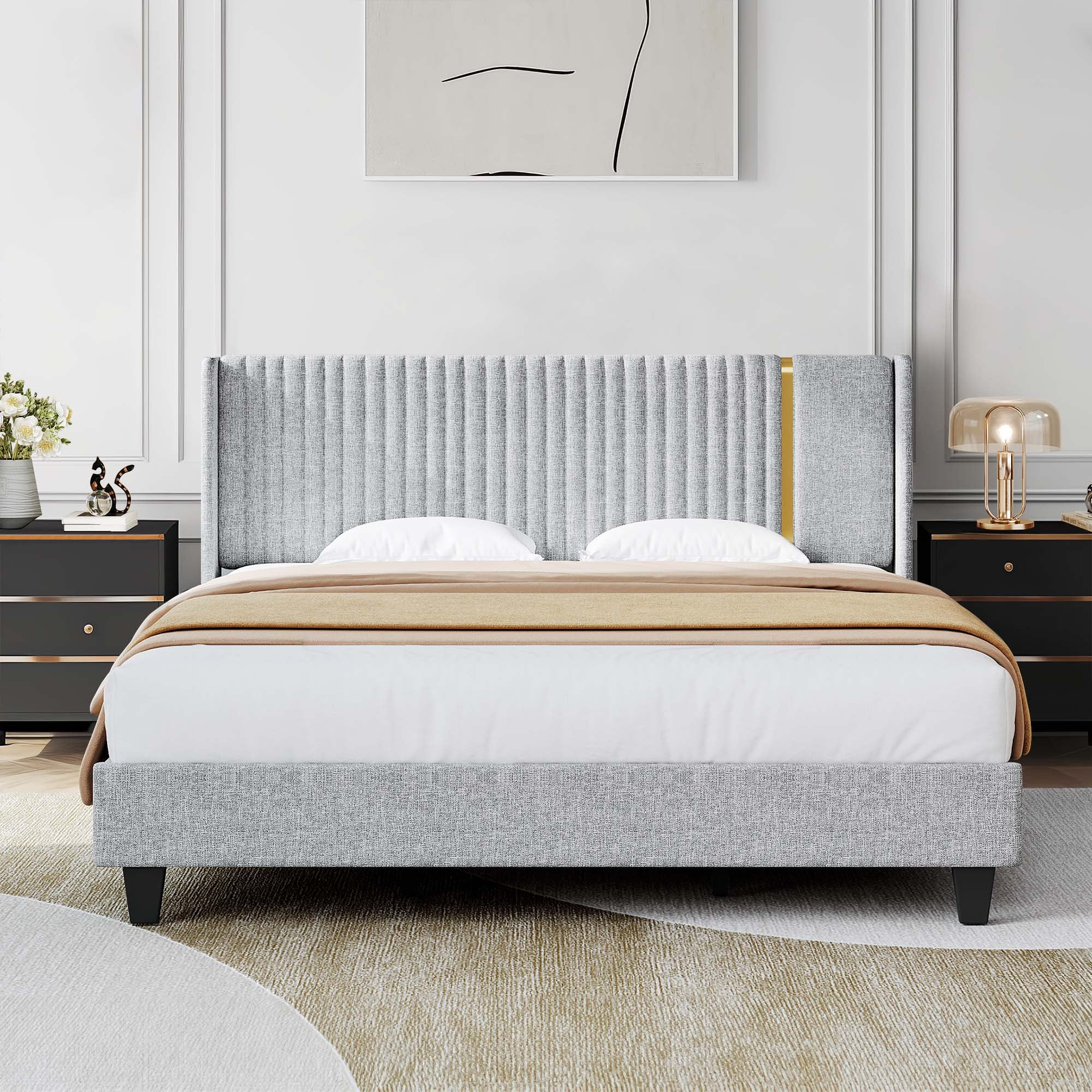 Dextrus Upholstered King Bed Frame, Wingback Platform Bed with Wood Slats, No Box Spring Need, Gray