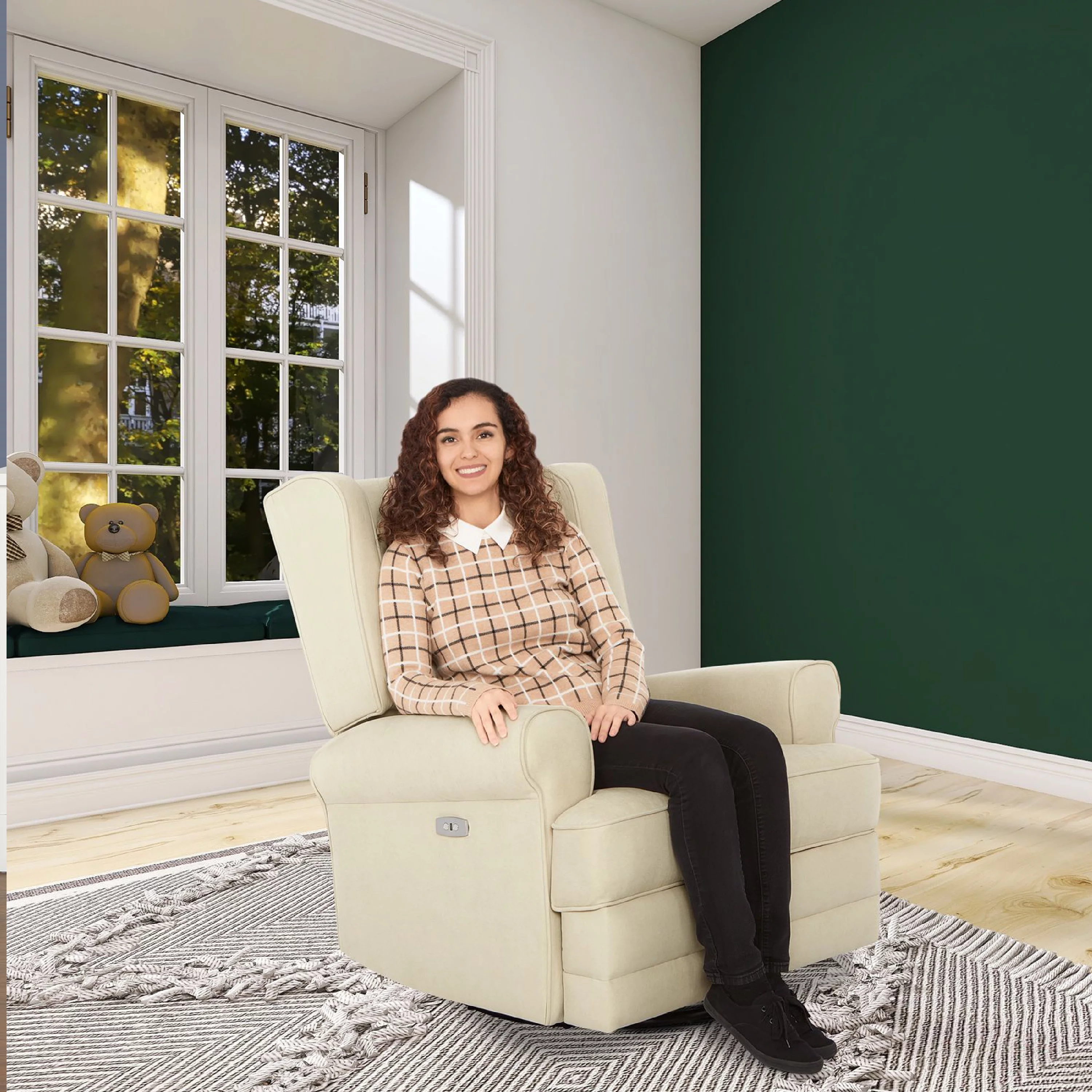 Evolur Phoenix Upholstered Wing Back Power Recliner I Nursery Glider I Durable Soft Fabric I Bonus Pillow I Electronic Recliner and Swivel Glider In Shell Finish