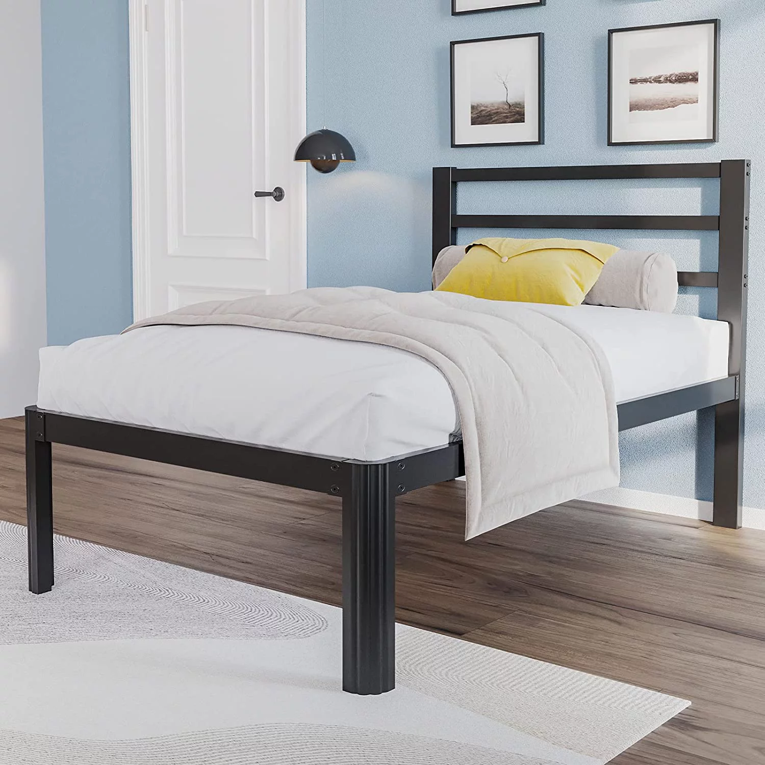 Woozuro Twin-Bed Frames with Headboard  14 Inch Heavy Duty Metal-Platform Bed Frame No Box Spring Needed  Round-Corner Leg Design Mattress Foundation  Easy Assembly