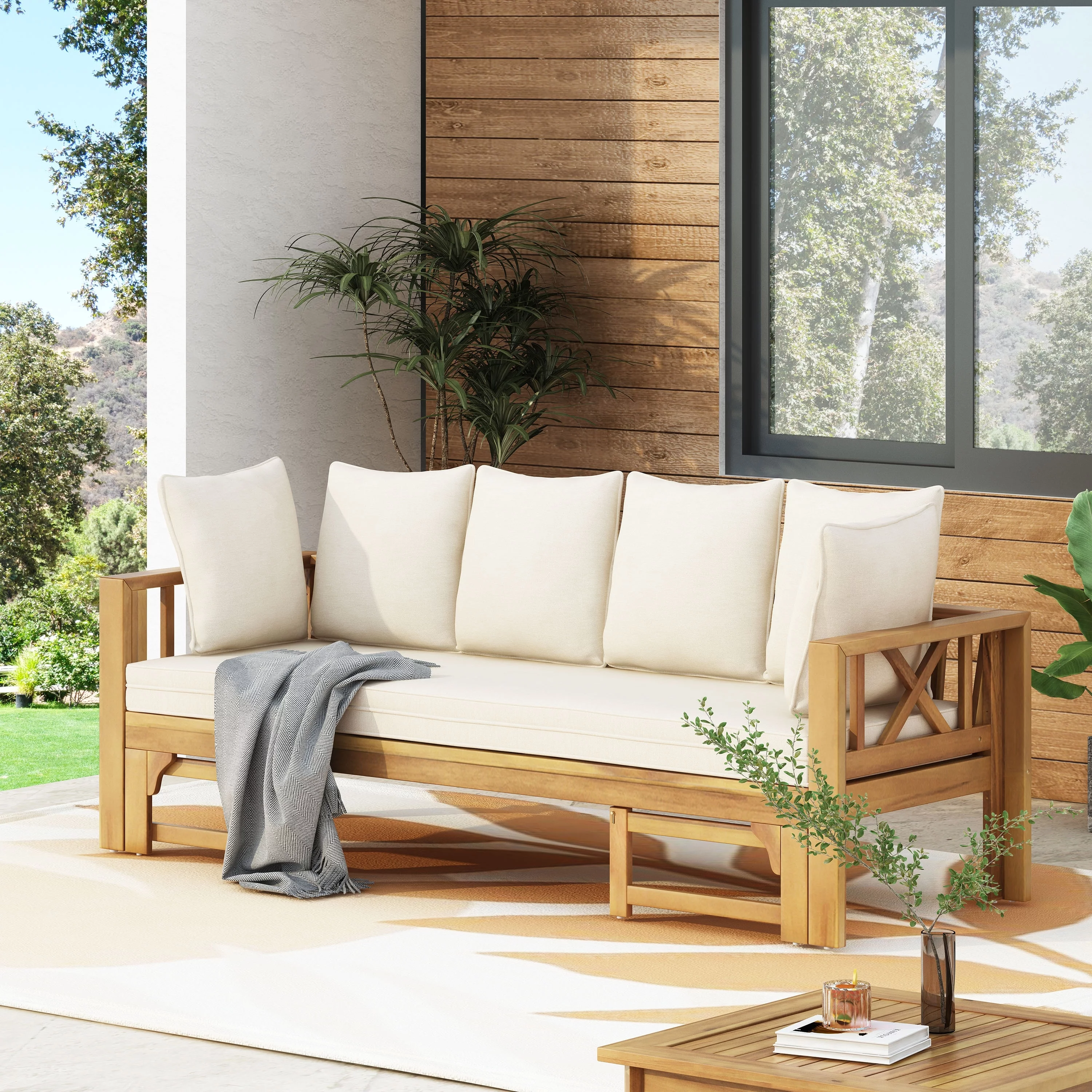 Christopher Knight Home Long Beach Outdoor Extendable Acacia Wood Daybed Sofa by Teak Finish+Dark Teal