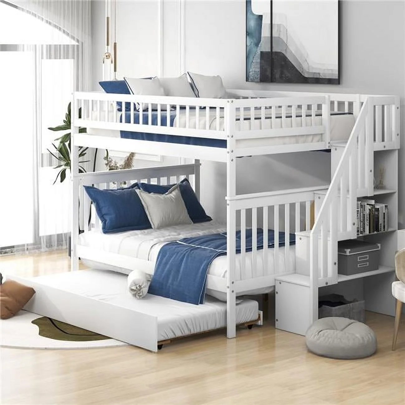 HomeRoots 403665 White Over Full Farmhouse Style Bunk Bed with Trundle & Staircase - Full Size