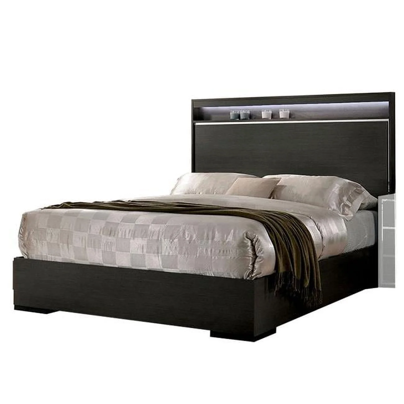 Benjara BM217466 Transitional Wooden Platform Bed with Chrome Trim Accents, Gray - Queen Size