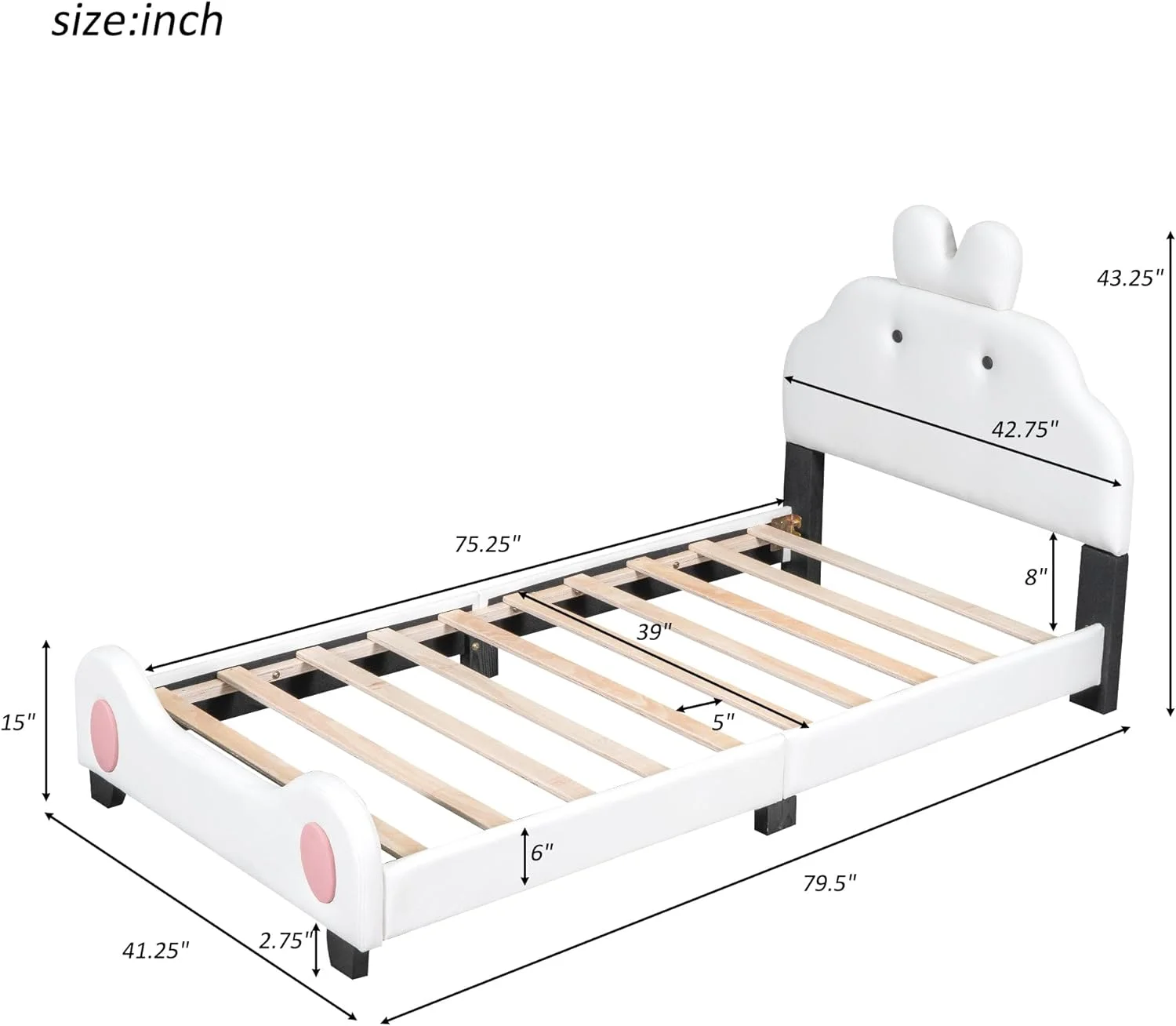 Size PU Leather Upholstered Platform Bed With Cartoo Headboard & Footboard For Boys & Girls, White Pik