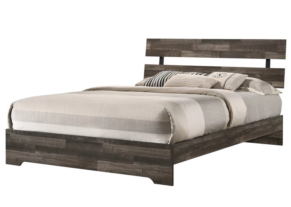 Rustic Brown Finish 6pc Queen Size Platform Bedroom Set Bed Dresser Mirror Nightstands Chest