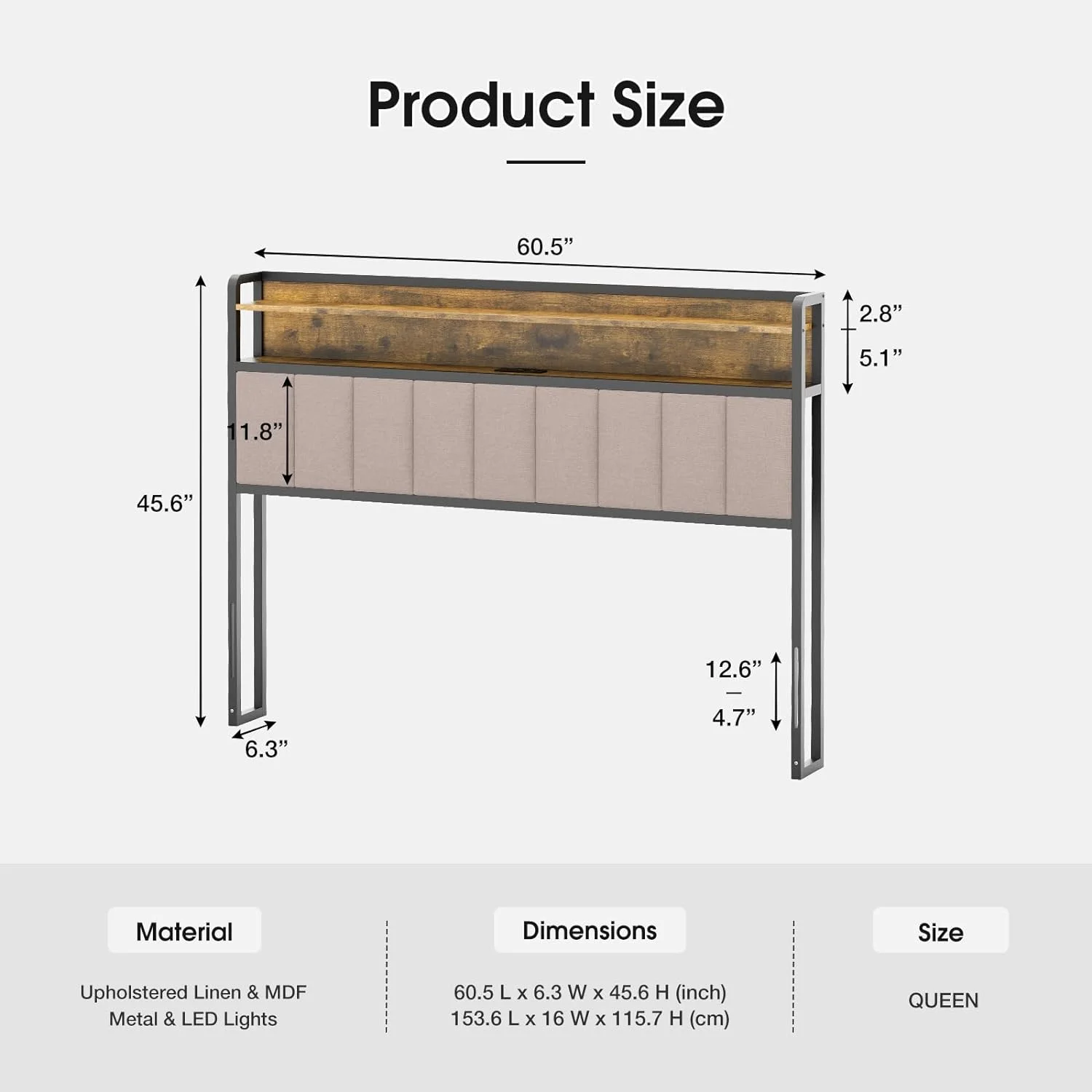 IKIFLY Upholstered Queen Size Storage Headboard with LED Lights and Charging Station, USB & Type C Port, Height Adjustable, Queen Headboard Only, Attach Frame, Easy Assembly - Light Brown