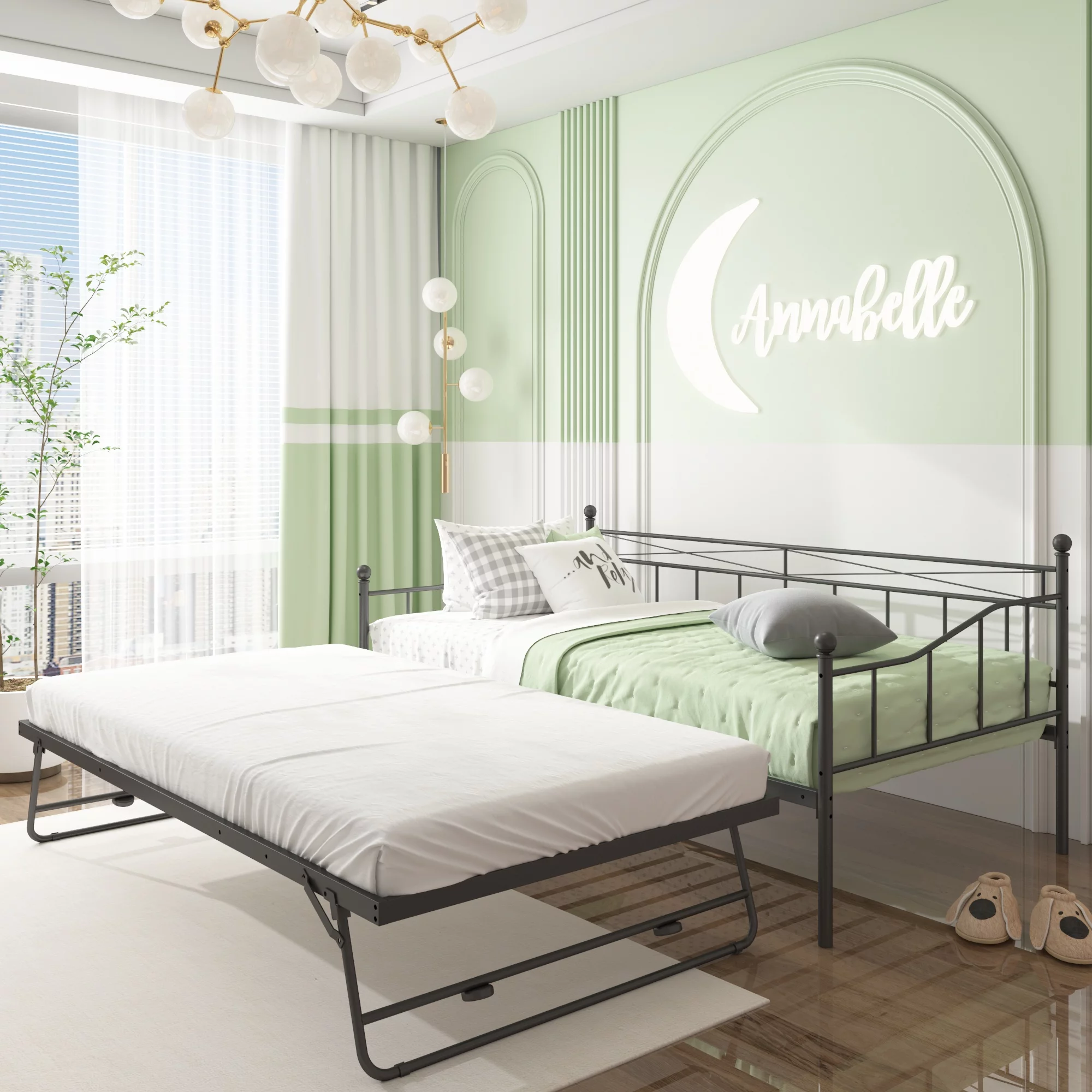 SESSLIFE Twin Daybed with Trundle, Metal Daybed Frame with Pop Up Trundle, No Box Spring Needed, Twin Size Sofa Bed with Steel Slats Support for Living Room Office, Black