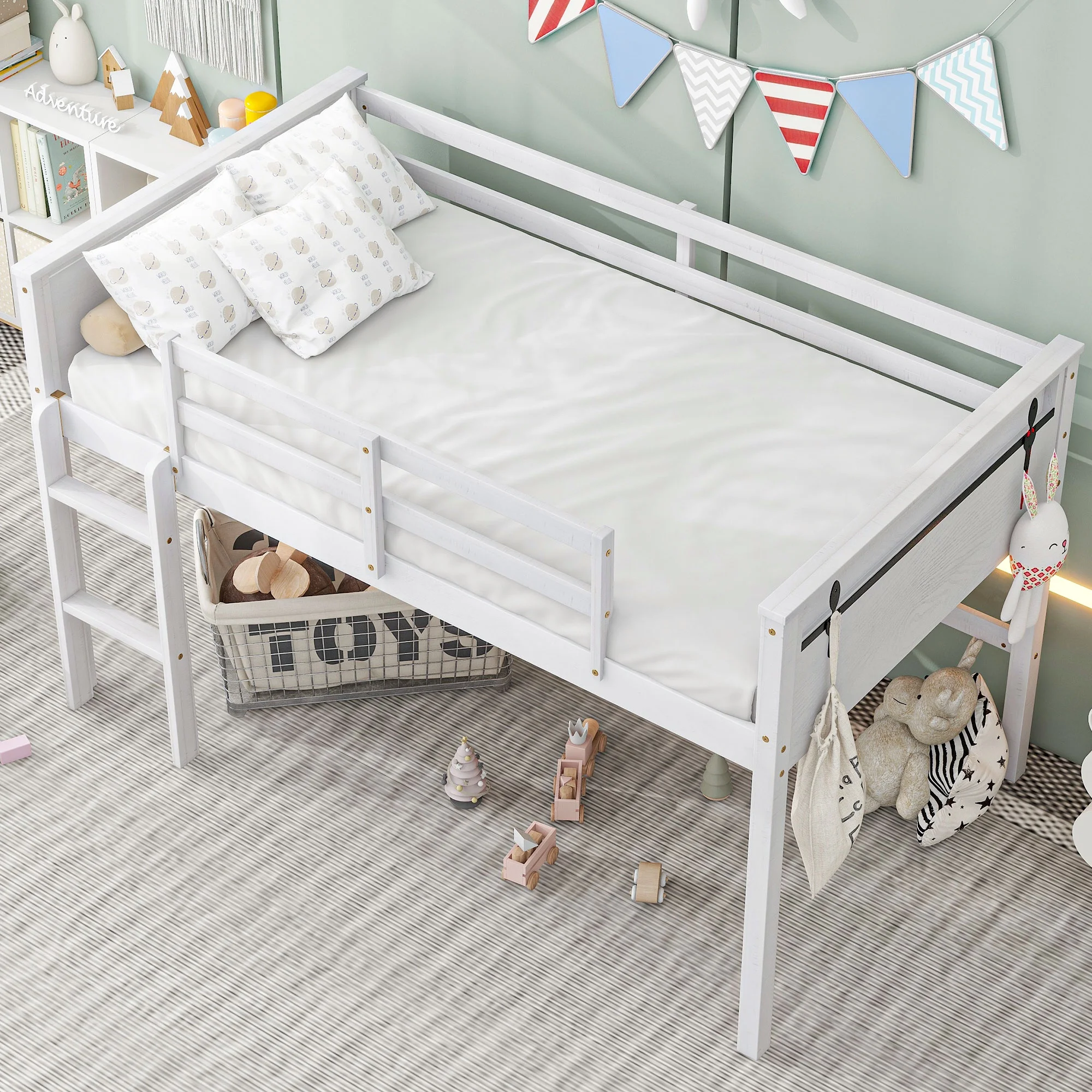 CoSoTower Wood Twin Size Loft Bed with Hanging Clothes Racks, White