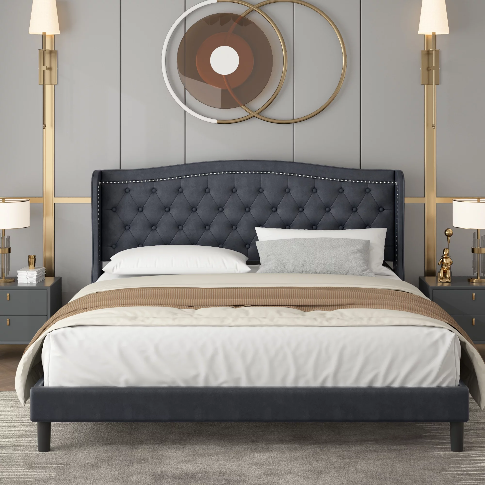 Homfa King Size Bed Frame for Bedroomwith Wing-Back Button Tufted Upholstered Headboard, Modern Solid Wood Platform Bed Frame, Dark Gray