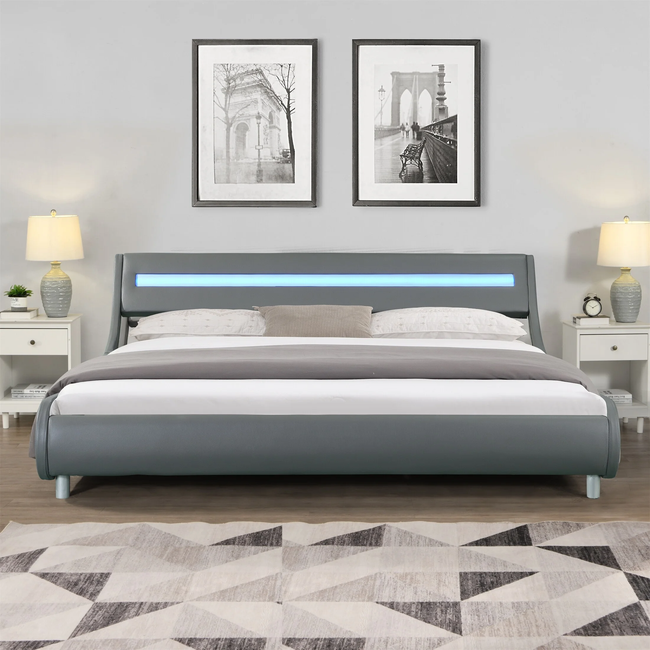 YJTONWIN Faux Leather Upholstered Bed Frame led lighting Curve King Size Gray