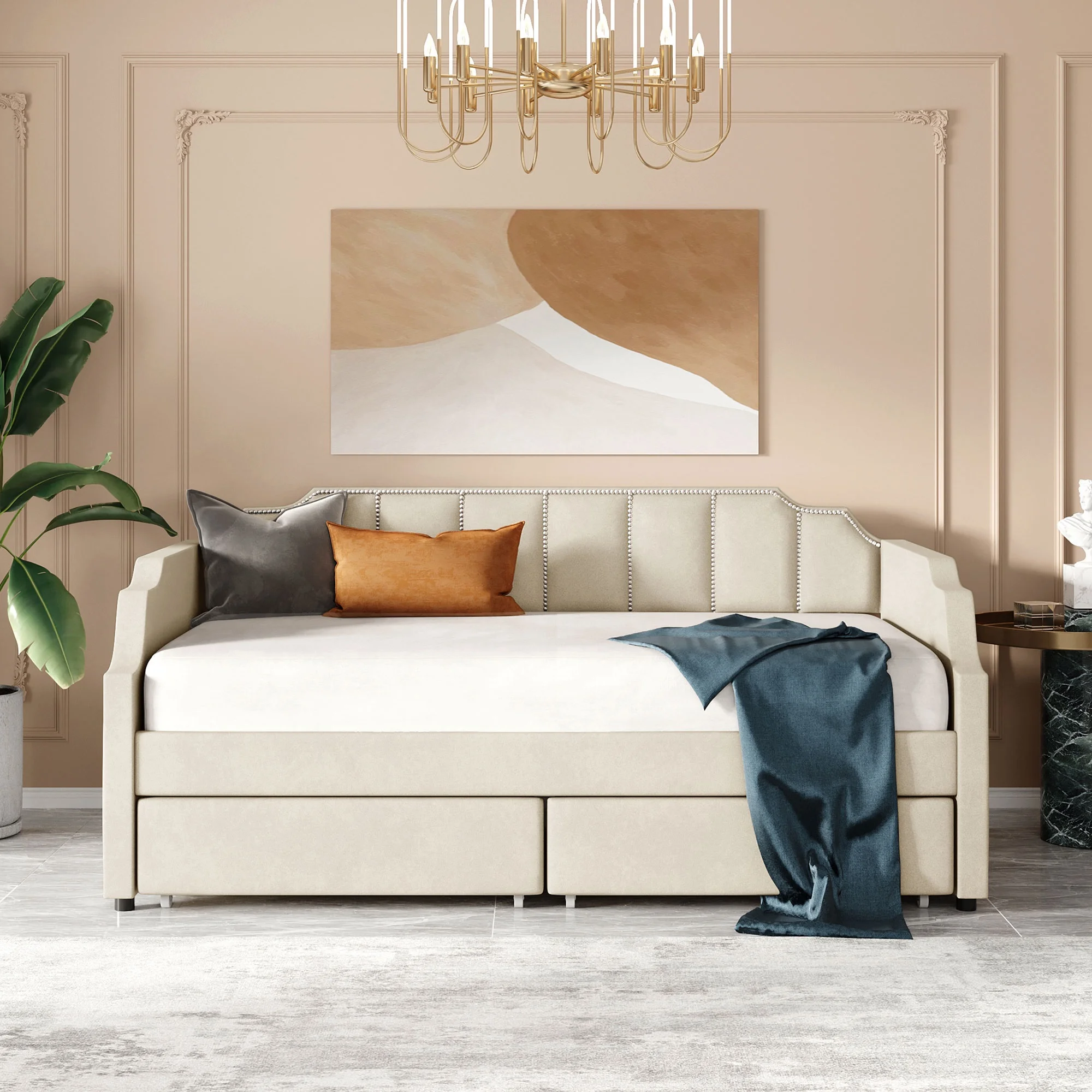 Twin Upholstered Daybed with Storage Drawers, Wood Slat Support, Living Room Sofa Bed Gray Velvet Bed for Bedroom Guest Room, No Box Spring Needed