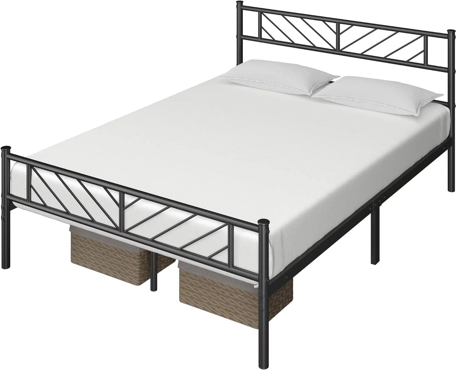 Full Size Metal Platform Bed With Arrow Design Headboard And Footboard, 13 Inches Underbed Storage, 12 Built-In Steel Slats, No Box Spring Needed, Black