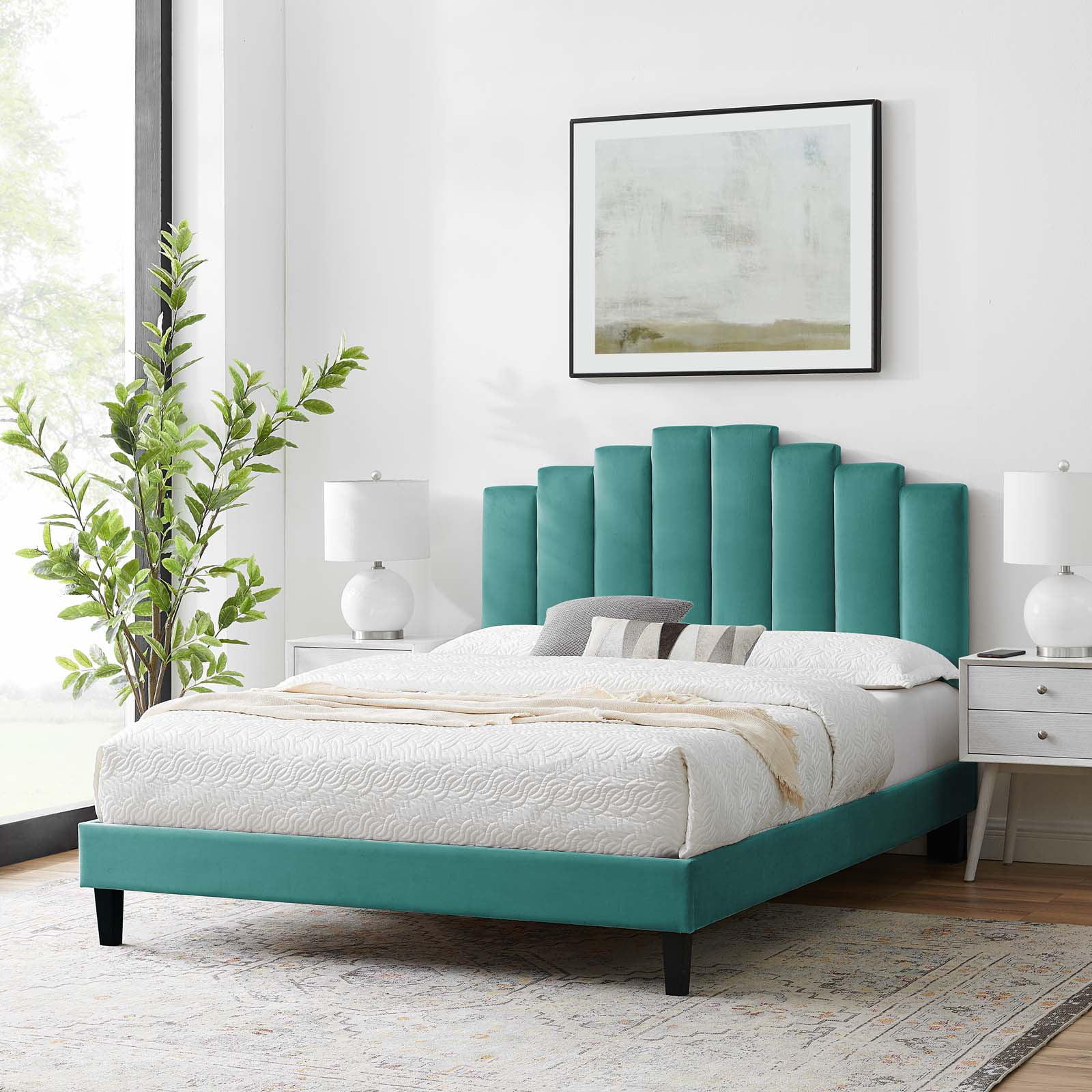 Platform Bed Frame, Twin Size, Velvet, Teal Blue, Modern Contemporary Urban Design, Bedroom Master Guest Suite