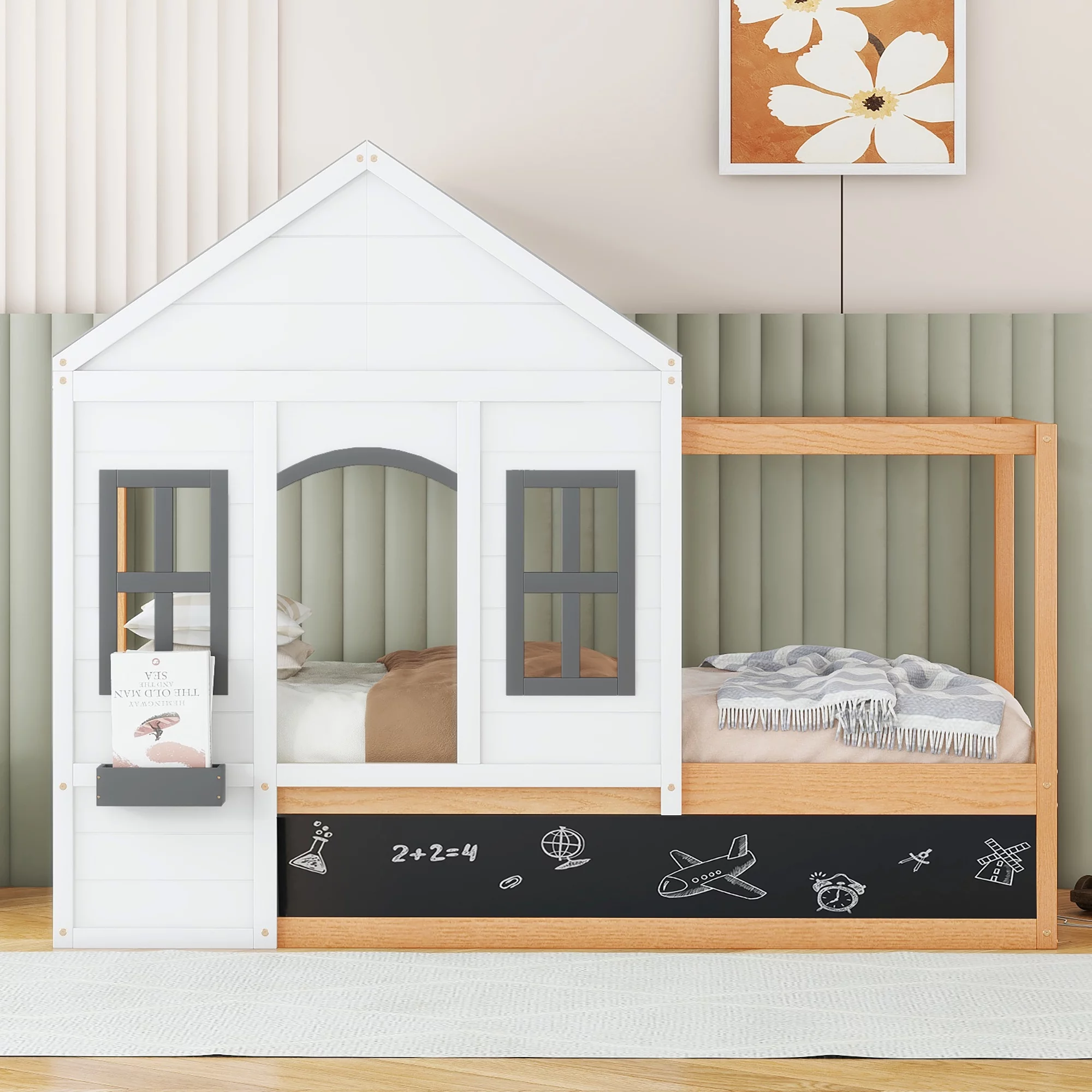 Twin Size House Shaped Canopy Bed with Black Roof and White Window,Blackboard and Little Shelf, White(Expected Arrival Time:9.28)
