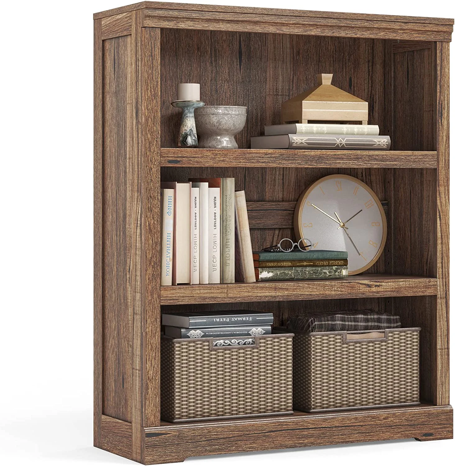 3-Tier Bookcase Display Storage Shelves Farmhouse Bookshelf for Home Office, Living Room, Bed Room - Dark Brown