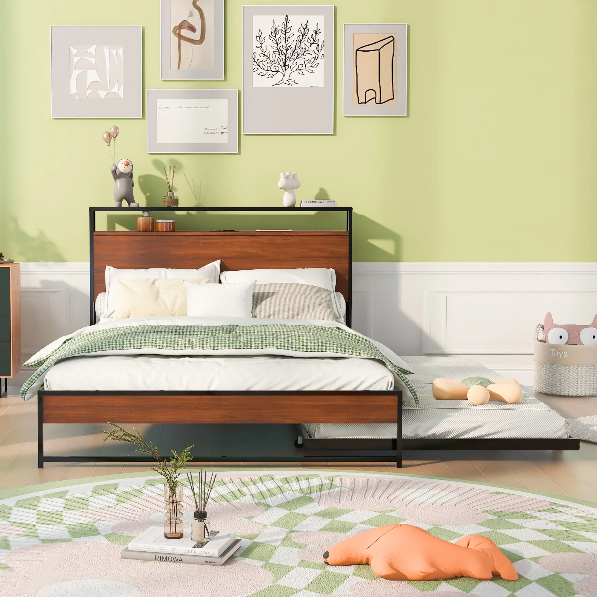 CoSoTower Full Size Metal Platform Bed Frame with Trundle, USB Ports and Slat Support ,No Box Spring Needed Black