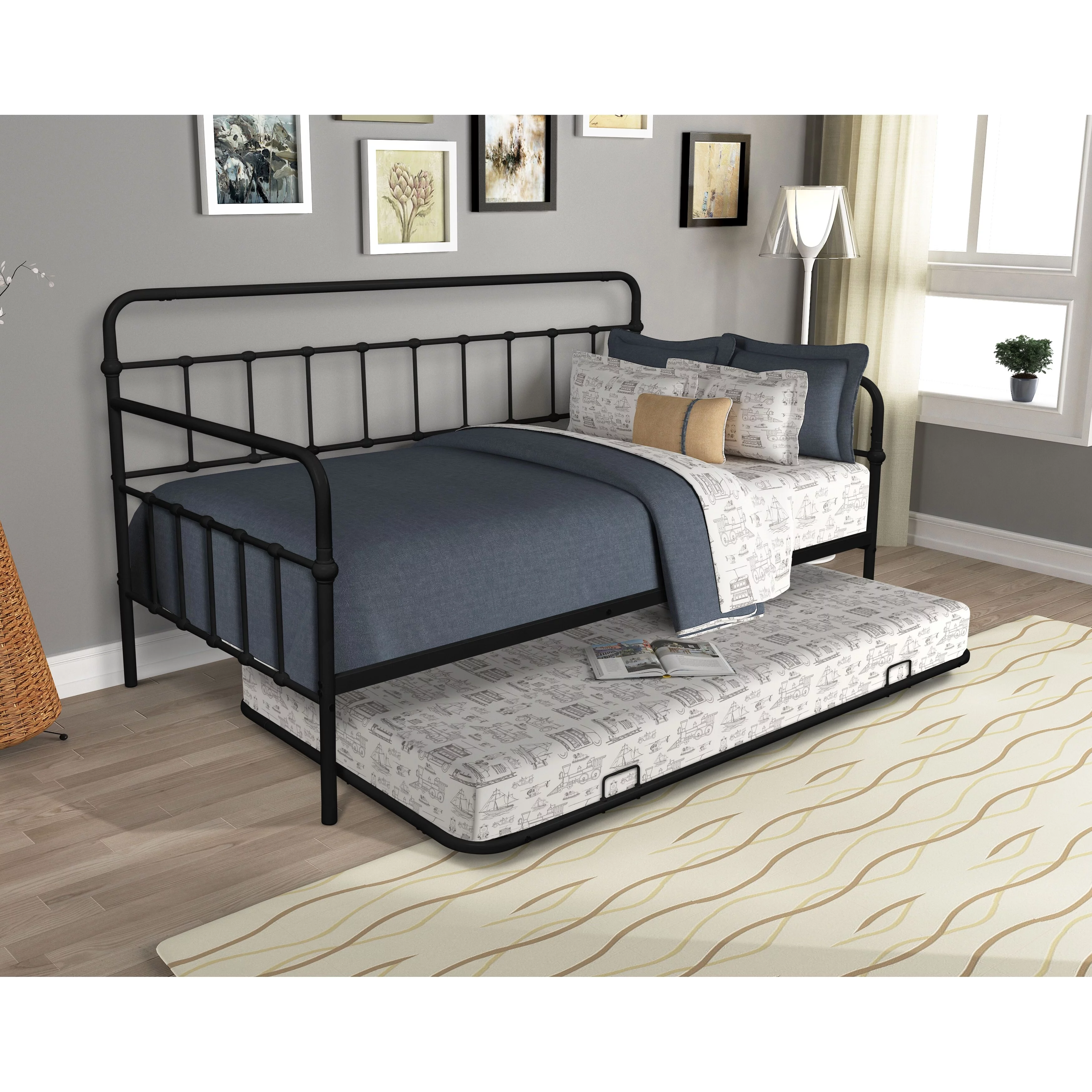 FULLJOJOR Modern Metal Frame Daybed with trundle White - Twin