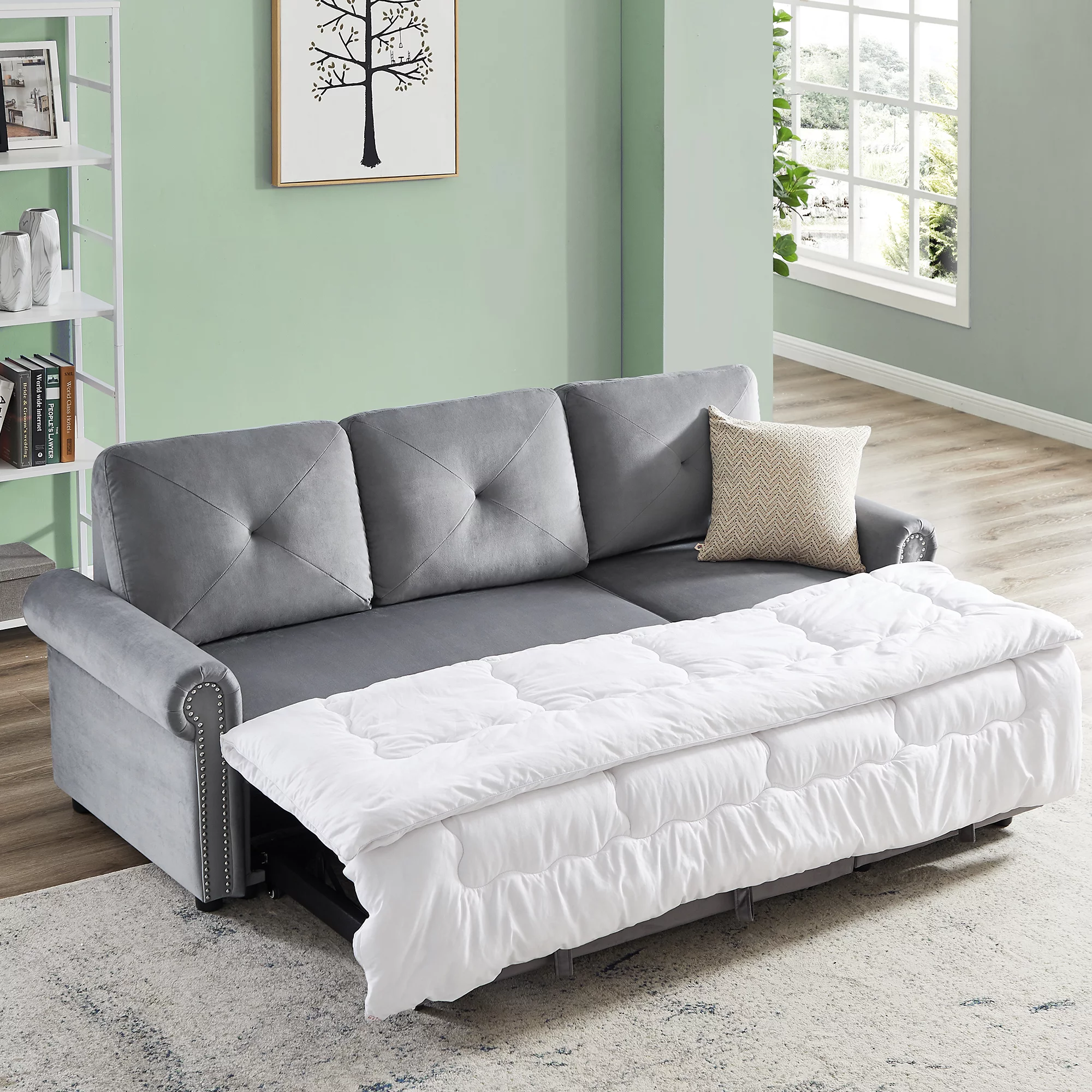 Velvet Reversible Sectional Sofa Sleeper, Wide Sectional Couch Pull-Out Sofa Bed L-Shape Upholstered Sofa Bed with Storage Chaise Living Room Furniture Set