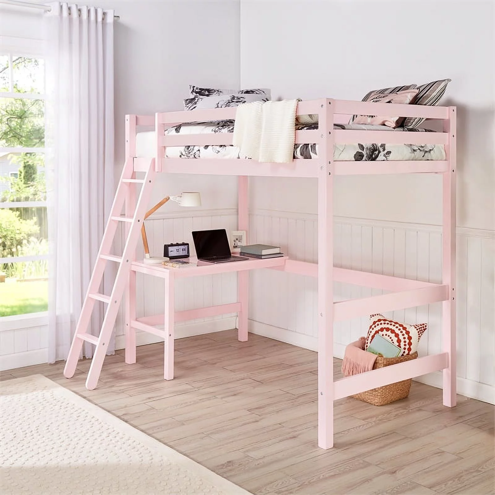 Bowery Hill Modern Wood Kids & Teen Twin Loft Bed with Build-in Desk in Pink
