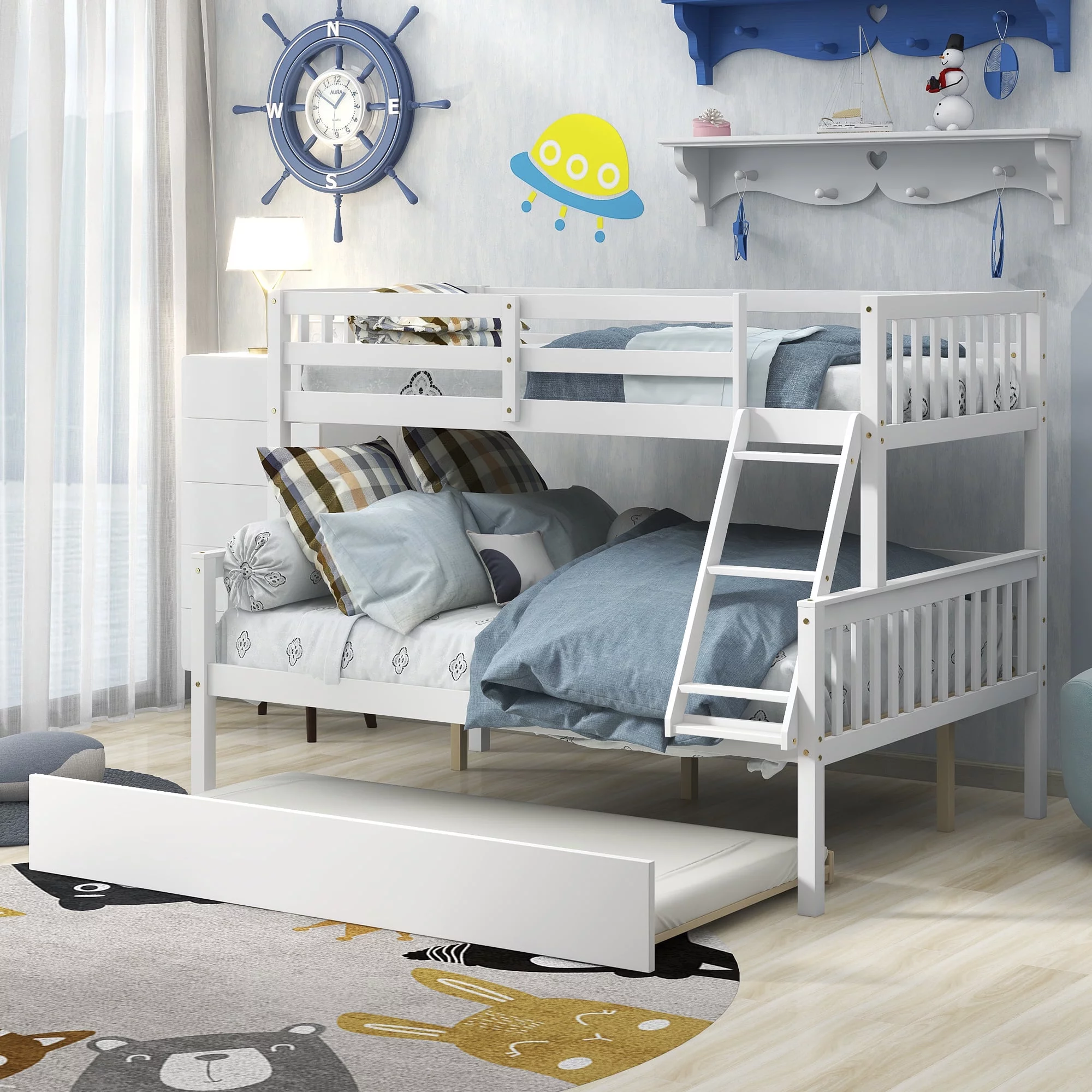 The Bunk Bed with Ladder and Safety Rails for Kids, Teens, Adults, White ,Twin Over Full Bunk Bed with Trundle, Convertible into 2 Beds