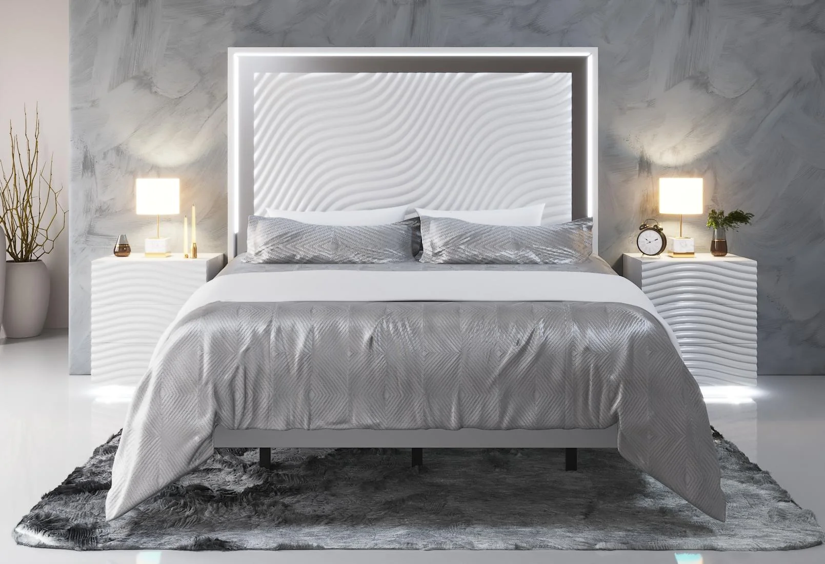 Glam Shiny White Queen Bedroom Set 6 WAVE ESF Contemporary Modern MADE IN SPAIN