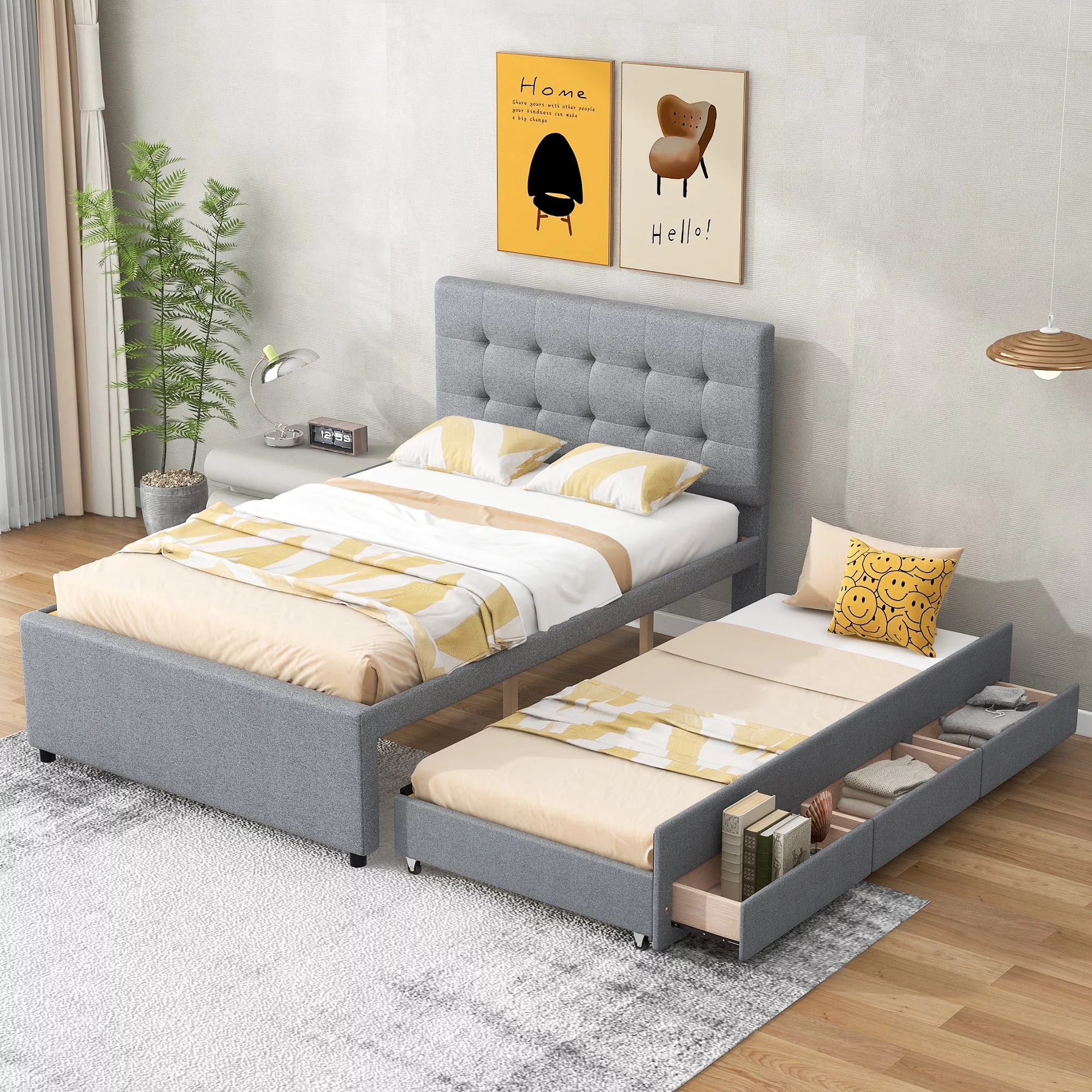 Platform Bed Frame with Pull-out Twin Size Trundle and 3 Drawers, Modern Linen Upholstered Bed Frame with Strong Solid Wood Slats Support, No Box Spring Needed (Full)