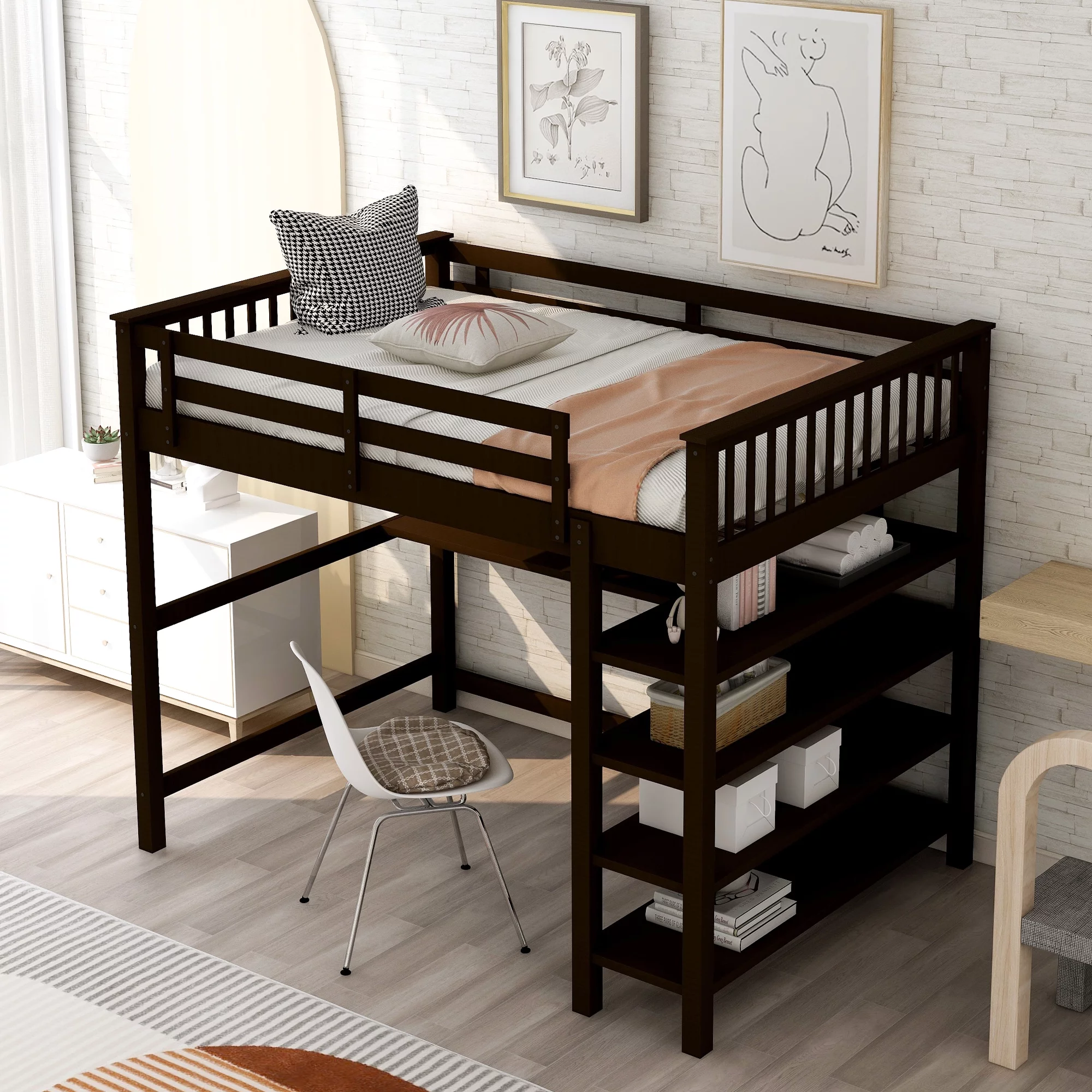 Wood Loft Bed with Storage Shelves and Desk, Storage Shelf, Full-Length guardrail, Space-Saving Design with Bookcase, No Box Spring Needed
