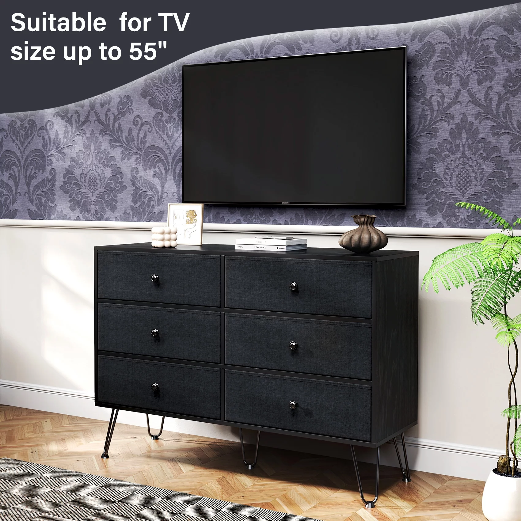 TC-HOMENY 6-Drawer Wooden Dresser with Fabric Drawers, Chest of Drawers with Fabric Bins, Storage Organizer Perfect for Clothes and Accessories, Black