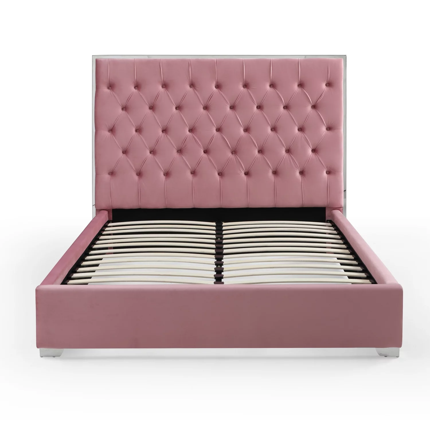Better Home Products Sophia Velvet King Bed with Silver Metal Frame in Pink