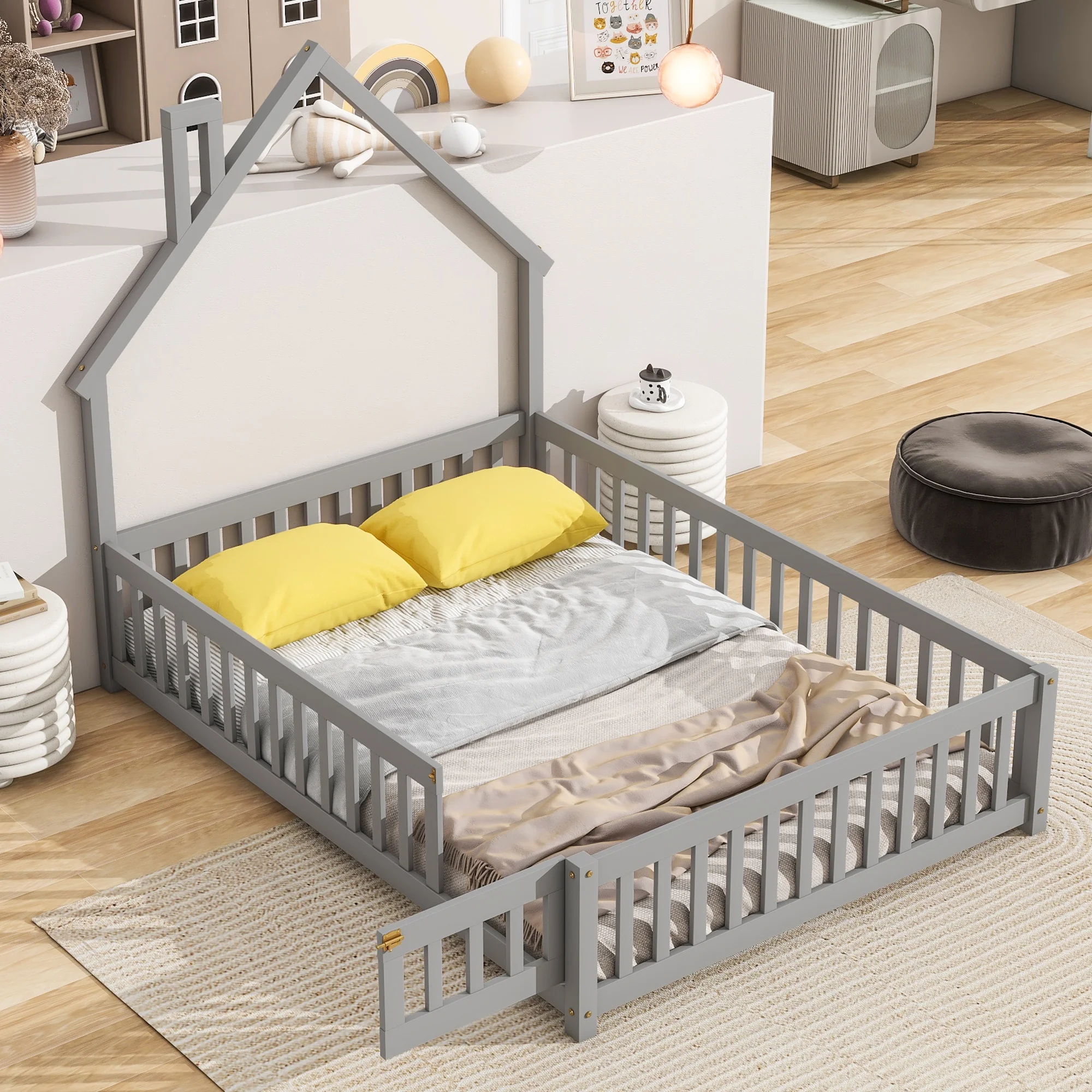 PAPROOS Full Size Floor Bed for Kids, Wood Toddler Floor Bed with Fence and Door, Full Floor Platform Bed with House-Shaped Headboard, Gray