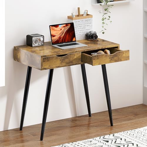 RUNFAYBIU Mid Century Desk with Drawers  3-Drawer Writing Study Desk  43.3 inches Home Office Computer Desk for Small Space  Multifunctional Vanity Table Desk  White