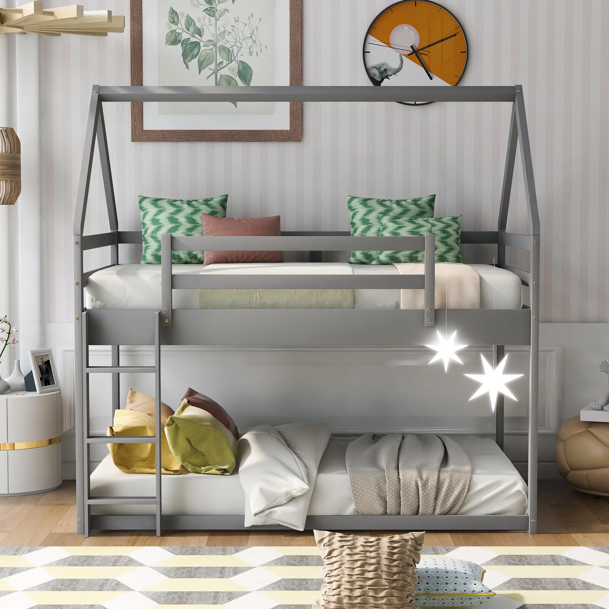 Euroco Twin over Twin House Bed, Low Bunk Bed for Kid's Room, Gray