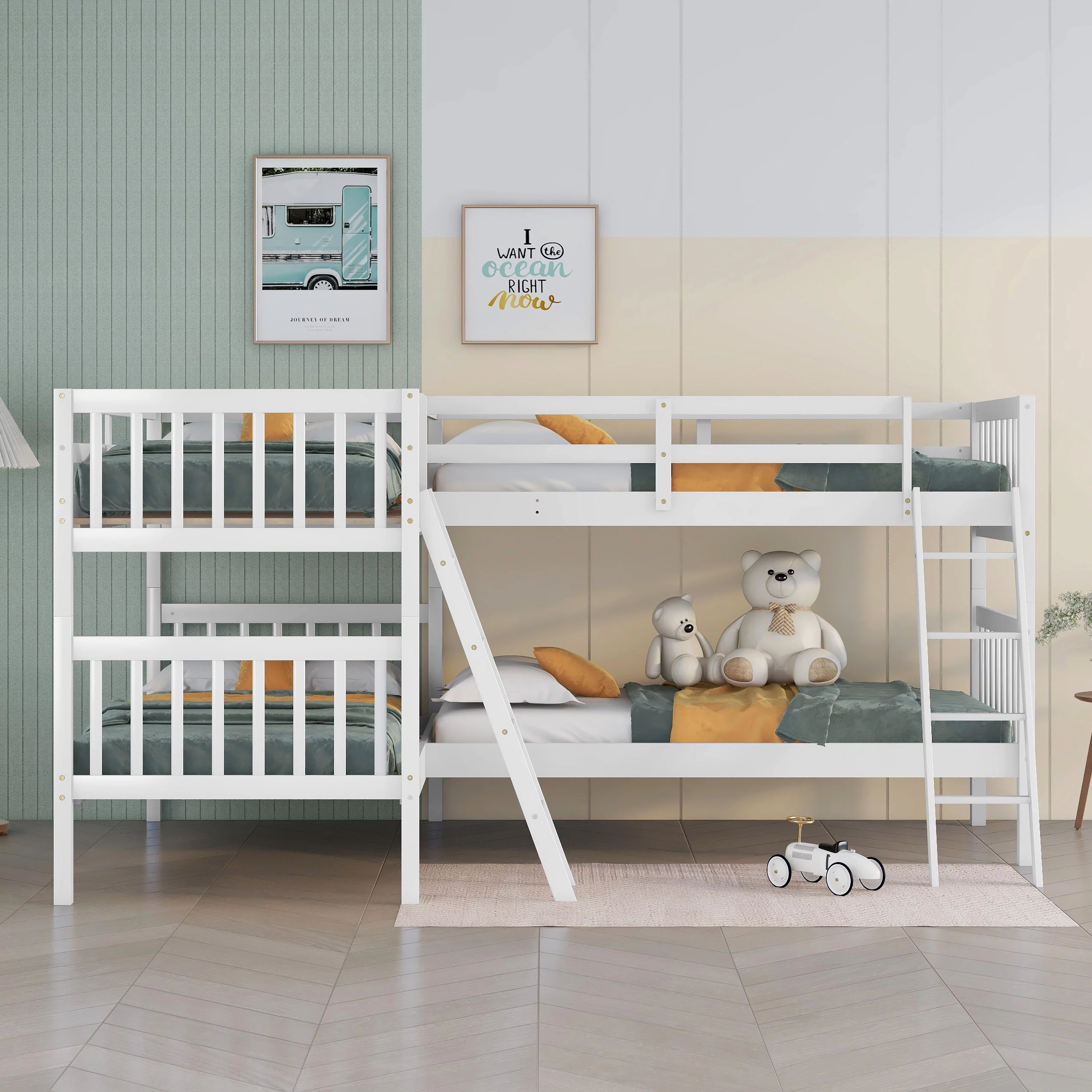 Bellemave Quad Bunk Bed Twin Over Twin, Wood L Shaped Bunk Bed for 4 with Angle Ladder, Corner 4 Bunk Bed for Kids Teens Adults (White)