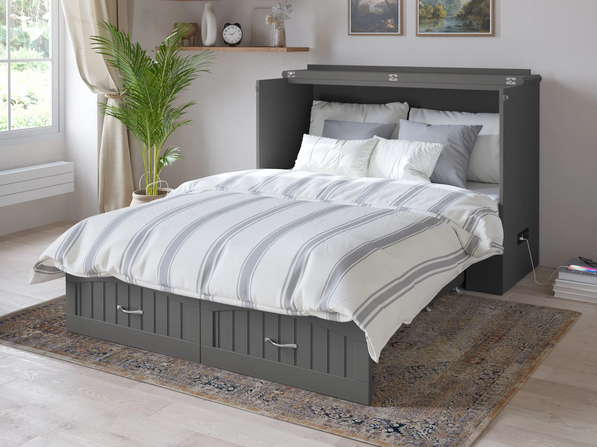 AFI Southampton Full Solid Wood Murphy Bed Chest with Mattress, Drawer & Charger in Gray