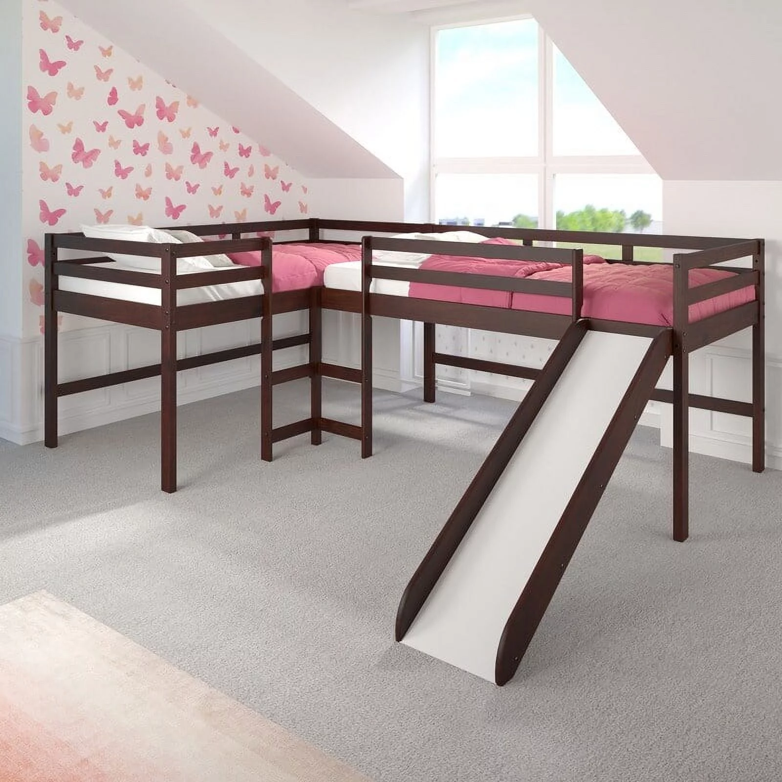 Double Twin L-Shaped Slide Loft with Optional Tent Brown Standalone