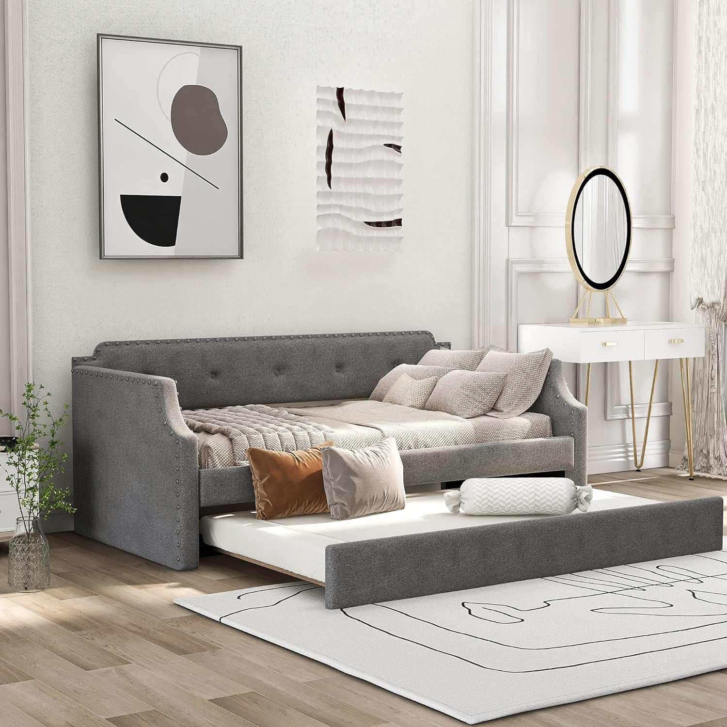 Daybed With Trundle, Upholstered Daybed With Wood Slat Support, Linen Size Sofa Bed Frame For Living Room Bedroom, Gray