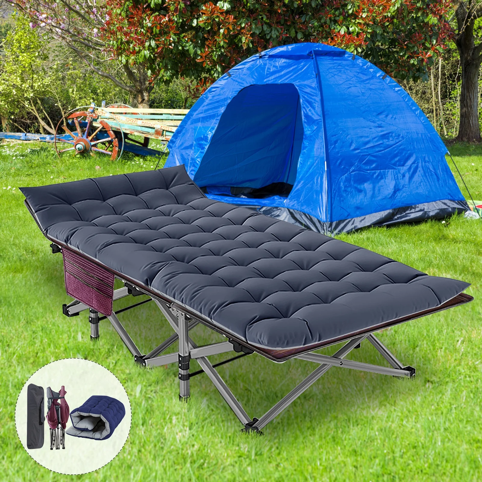 MOPHOTO Adult Camping Cot Rollaway Guest Bed, Outdoor Travel Military Portable Folding Bed, with 4D Pillow&Pearl Cotton Pad, 75