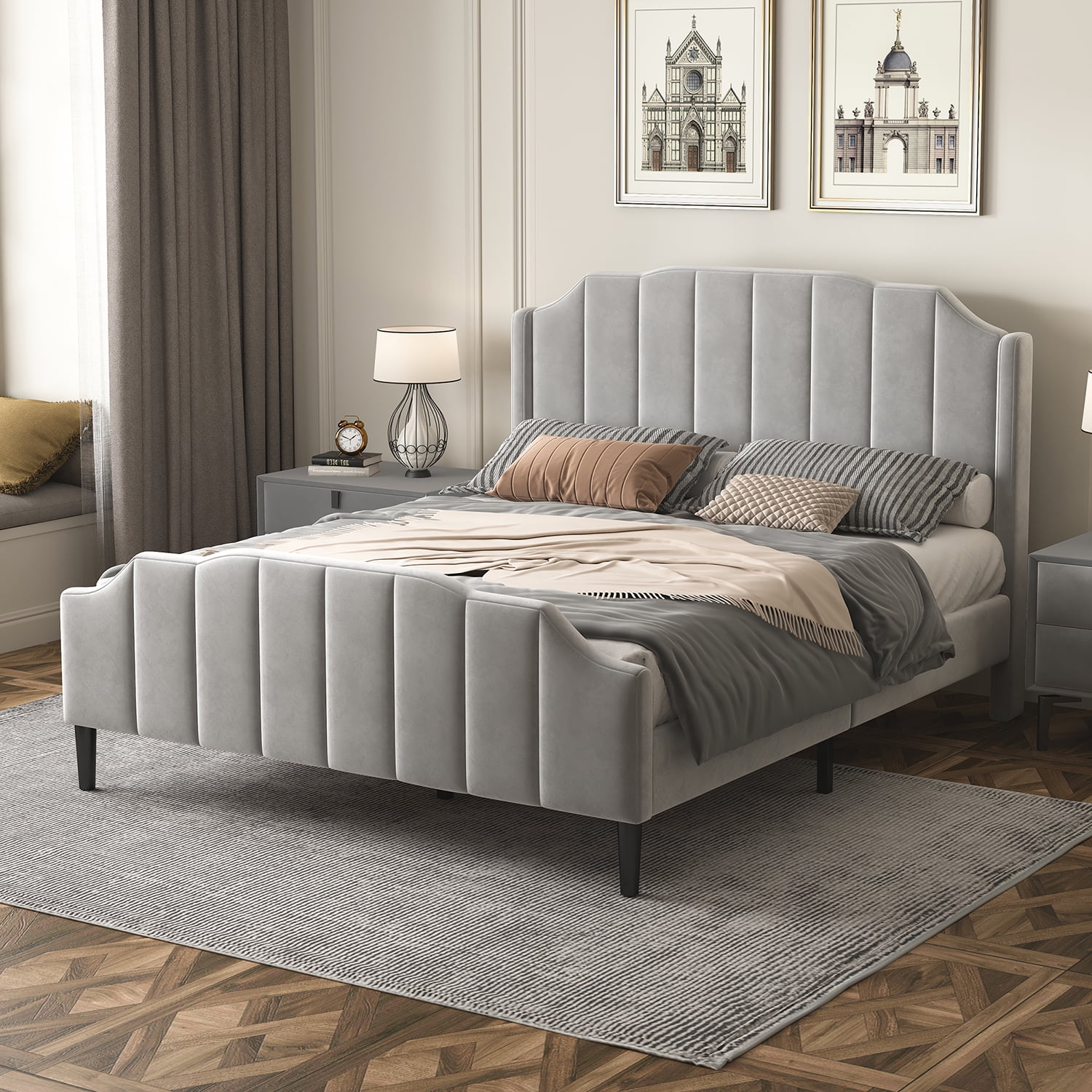 Churanty Queen Size Upholstered Bed with Headboard and Footboard, Wood Velvet Queen Platform Bed Frame for Bedroom,Gray