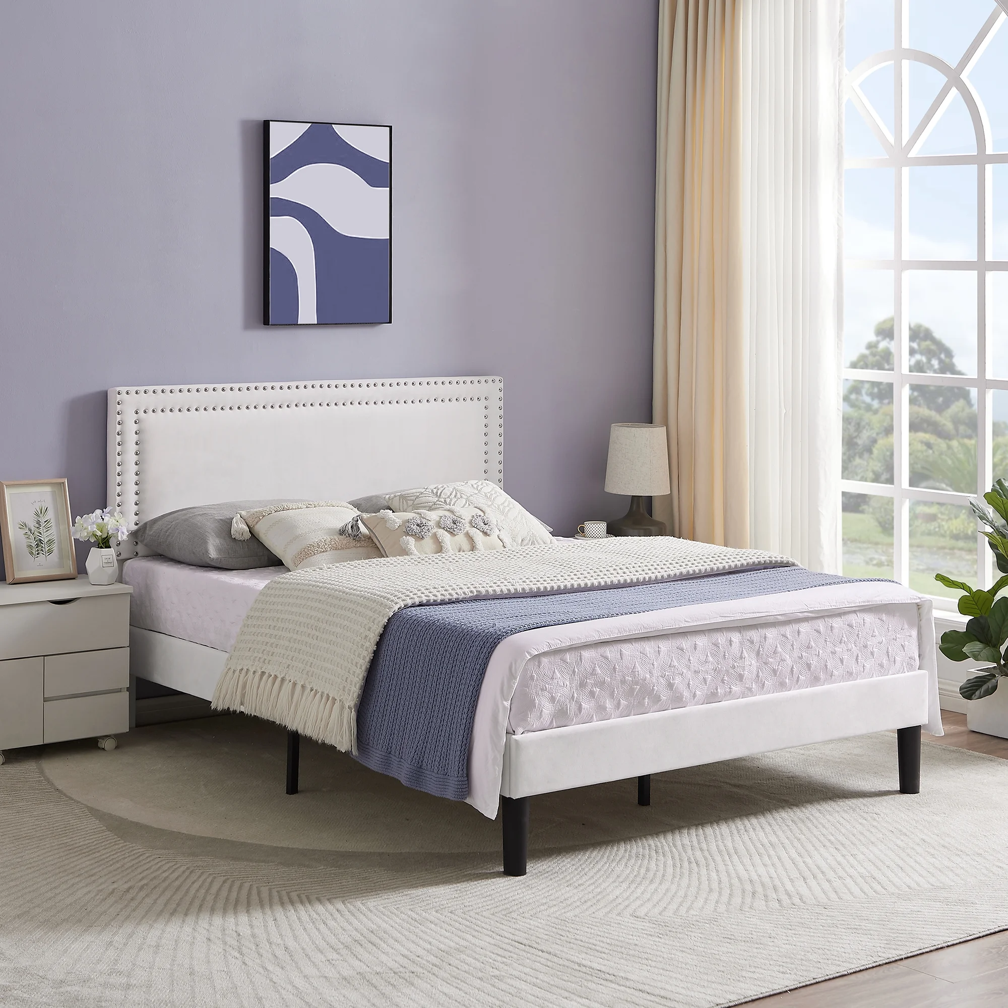 VECELO Queen Size Platform Bed Frame with Adjustable Height Upholstered Headboard, Strong Wood Slat Support, No Box Spring Needed, White