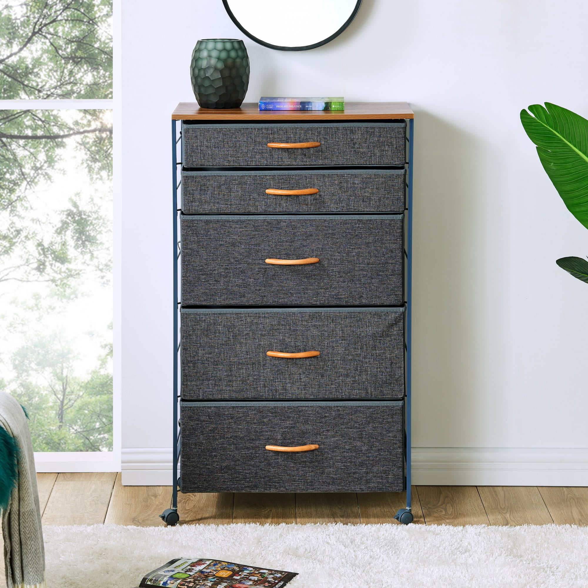 Danya B. Fabric 5-Drawer Storage Dresser Chest with Steel Frame and Caster Wheels