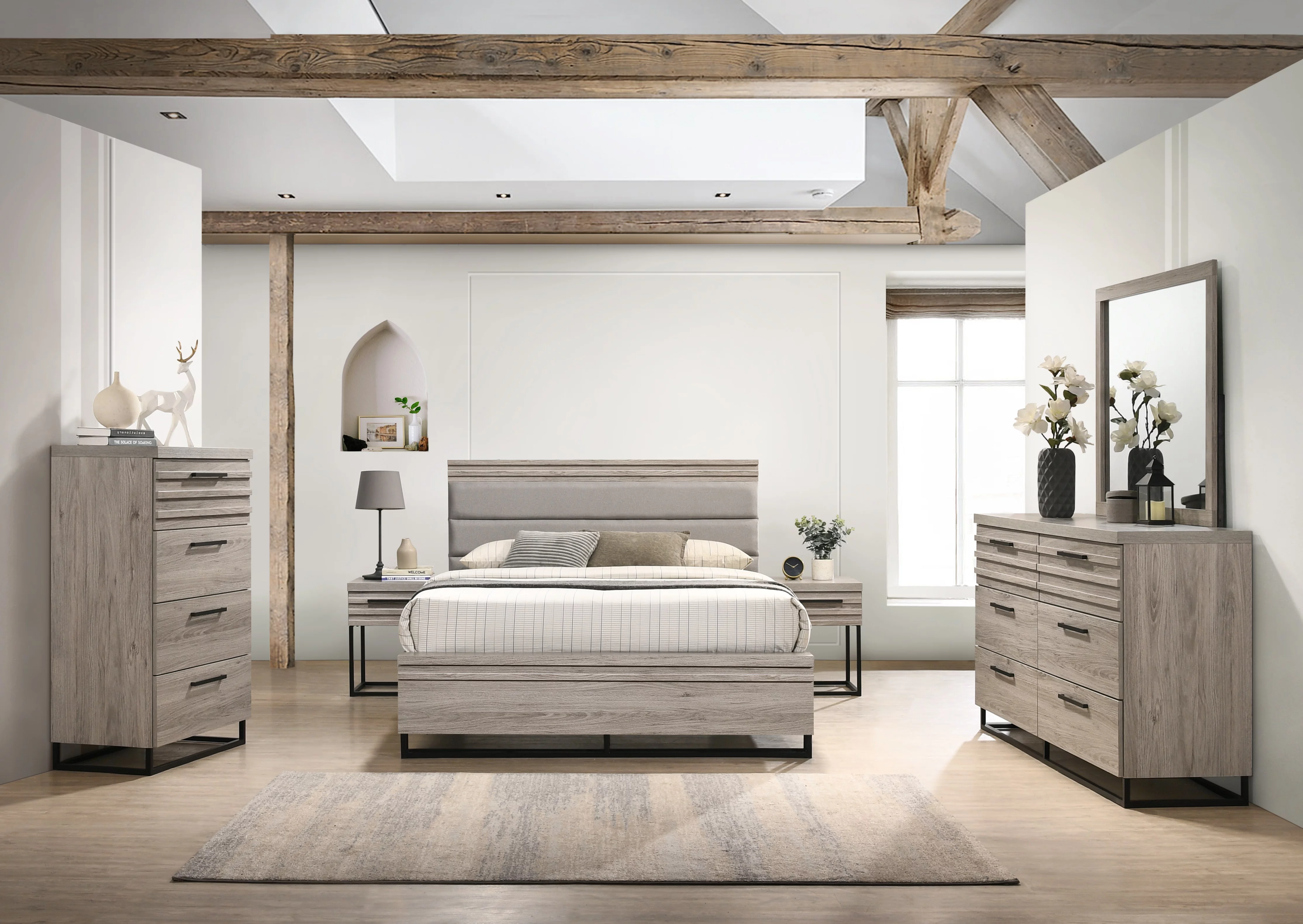 Roundhill Furniture Alvear Upholstered Wood Panel Bed, Dresser, Mirror, 2 Nightstands, and Chest, Weathered Gray, Queen