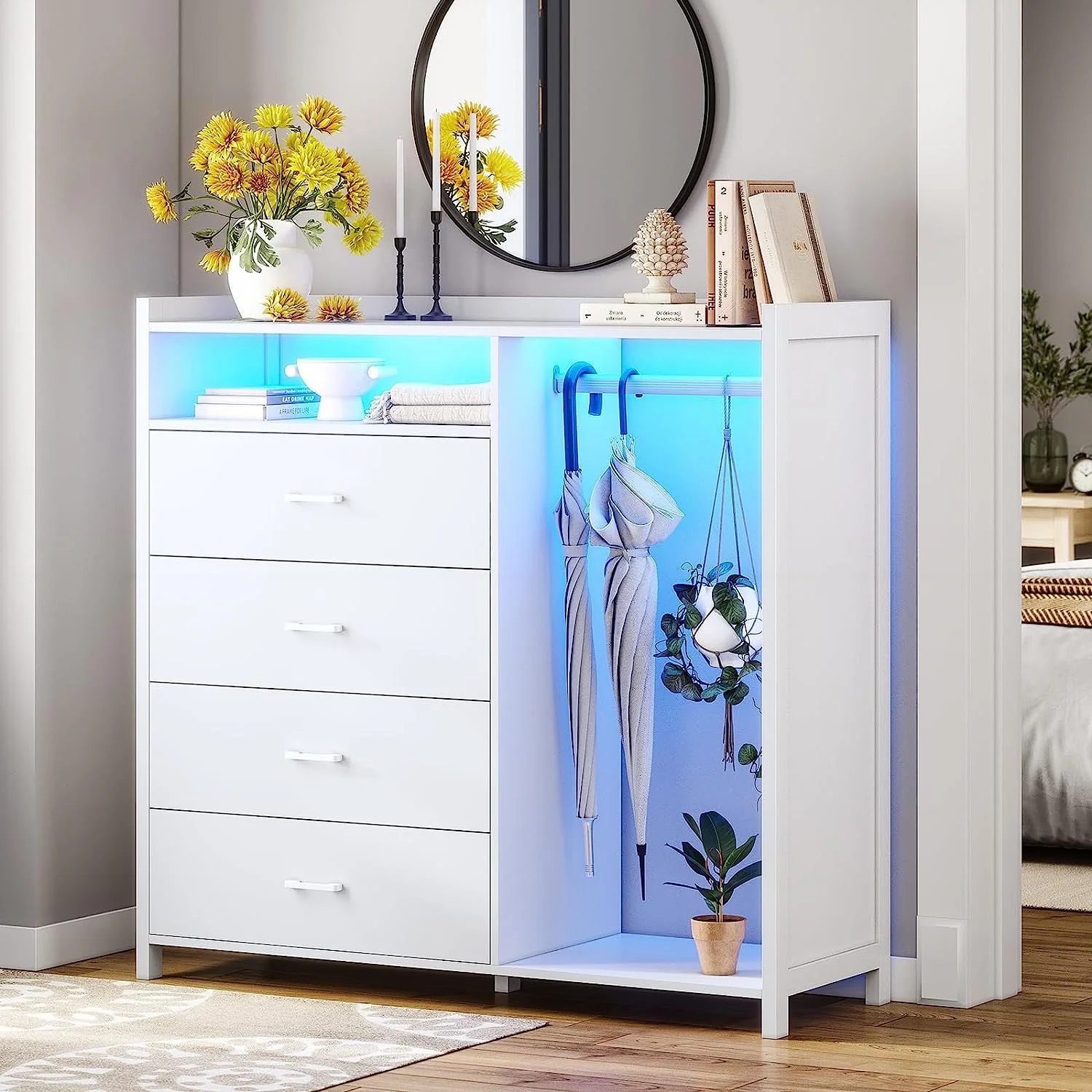 Modern 4 Drawer Dresser with Clothing Rack for Bedroom, 4 Drawer Dresser with LED Lights,Led Dressers& Chests of Drawers,White