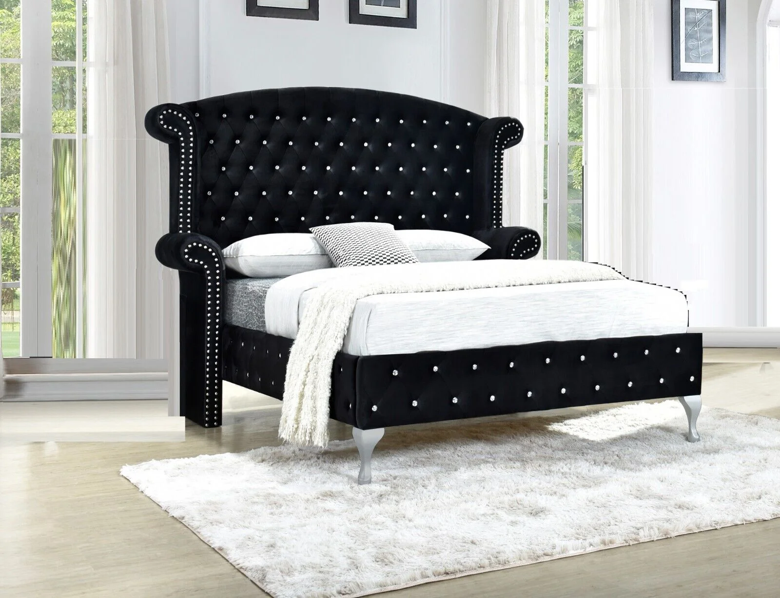 Modern 6Pc King Size Bed Dresser Mirror Nightstand Chest Set Master Bedroom Furniture Black Velvet