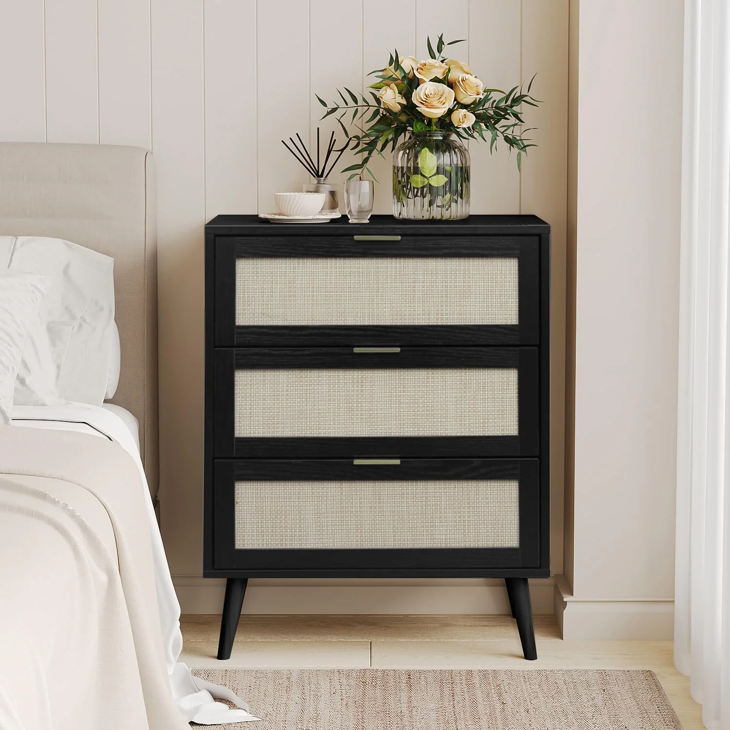 3 Drawer Rattan Dresser for Bedroom, Chest of Drawers, Boho Wood Storage Cabinet, Clothes Organizer, Metal Handles&Wood Legs, Black