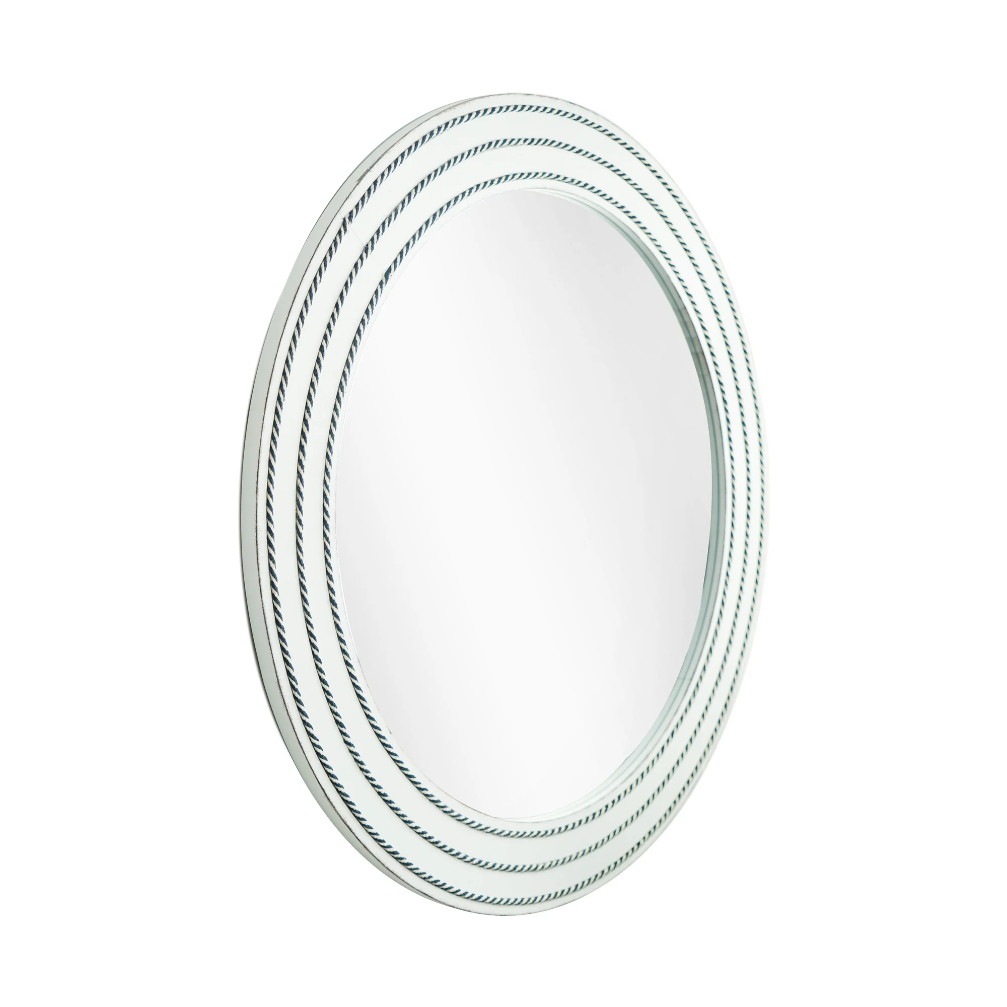 Rustic Whitewashed Wood Framed Round Wall Mirror With Inlaid Rope