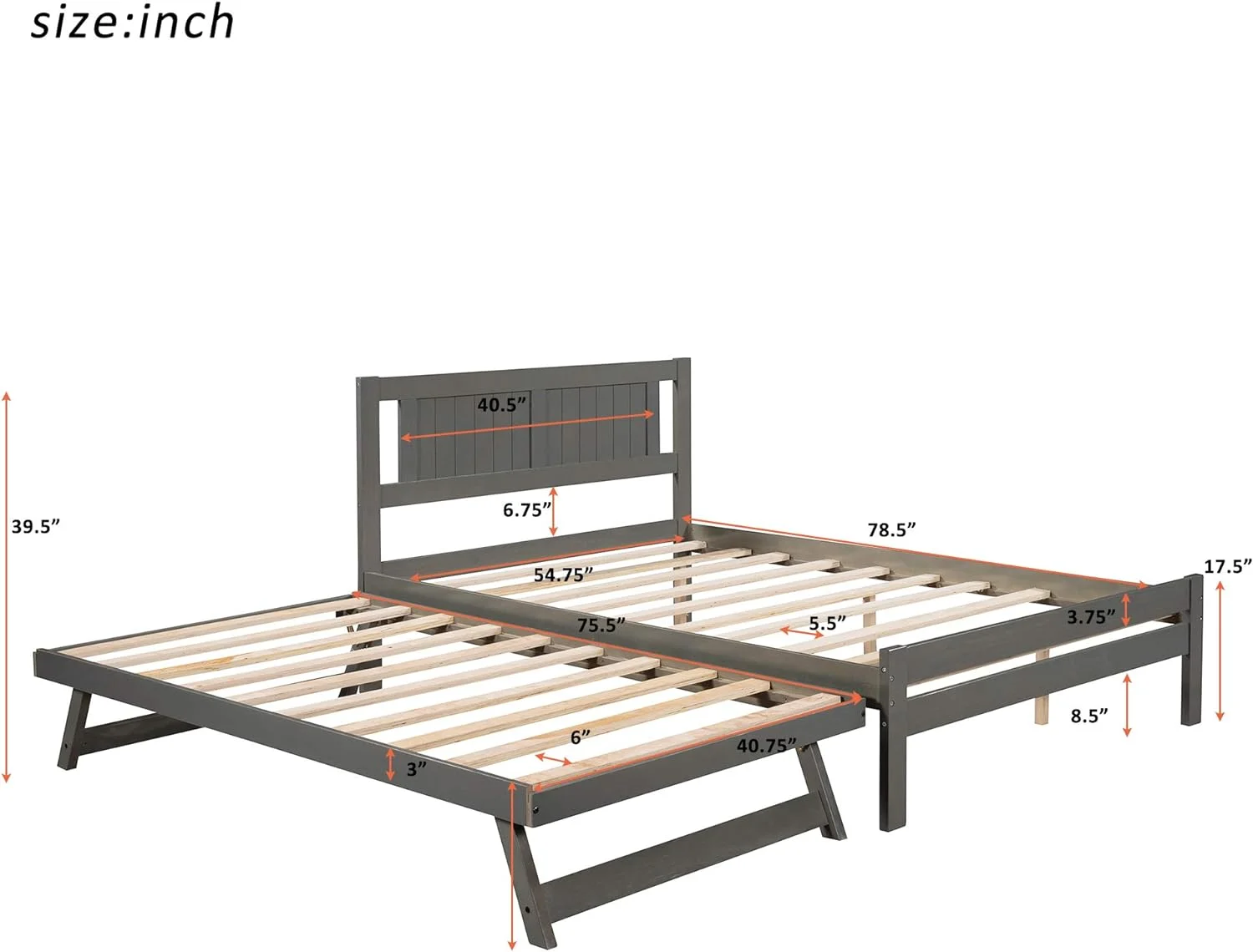 Full Platform Bed, Full Bed Frame With Adjustable Trundle, No Box Spring Needed, Great For Kids/Teens (Grey, Full)