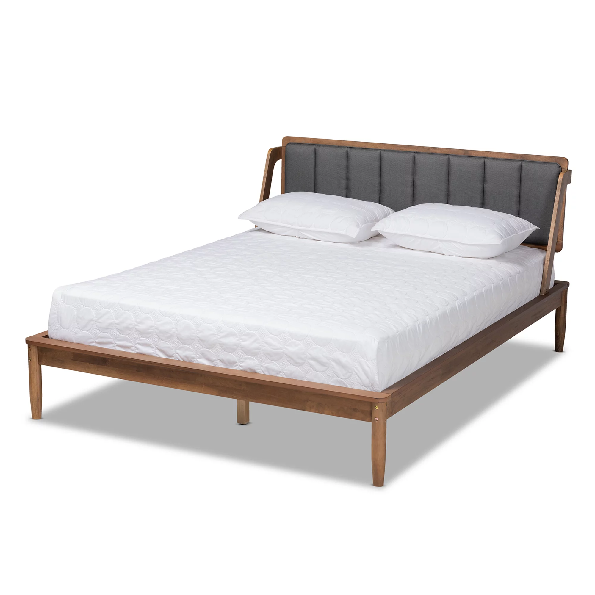 Baxton Studio Helsa Mid-Century Modern Dark Grey Fabric Upholstered and Walnut Finished Queen Size Platform Bed