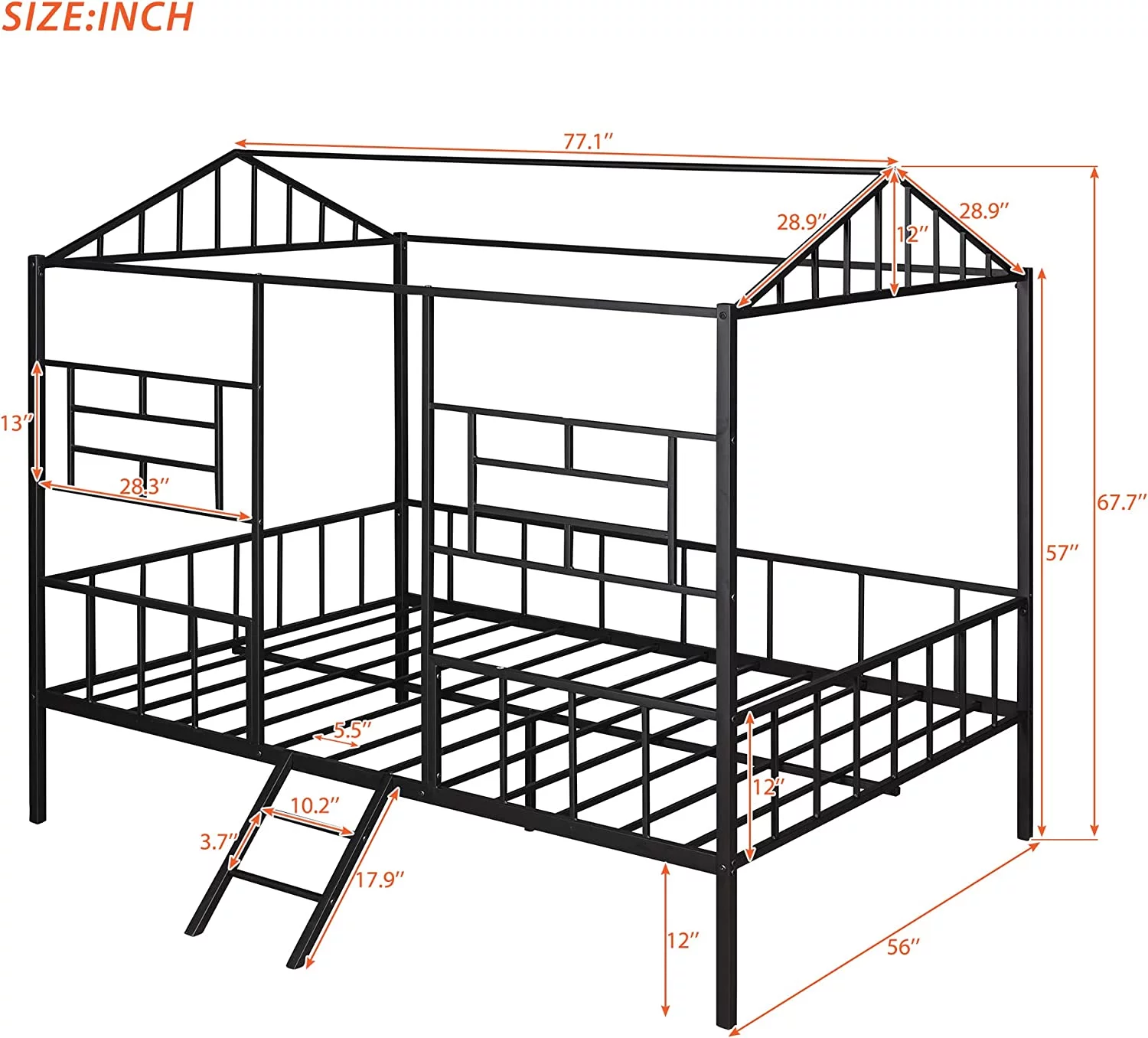 Metal Full Size House Loft Bed For Kids, Low Loft Bed With Roof And Ladder, Junoir Full Loft Bed For Girls Boys,Playhouse Bed Frame, Black