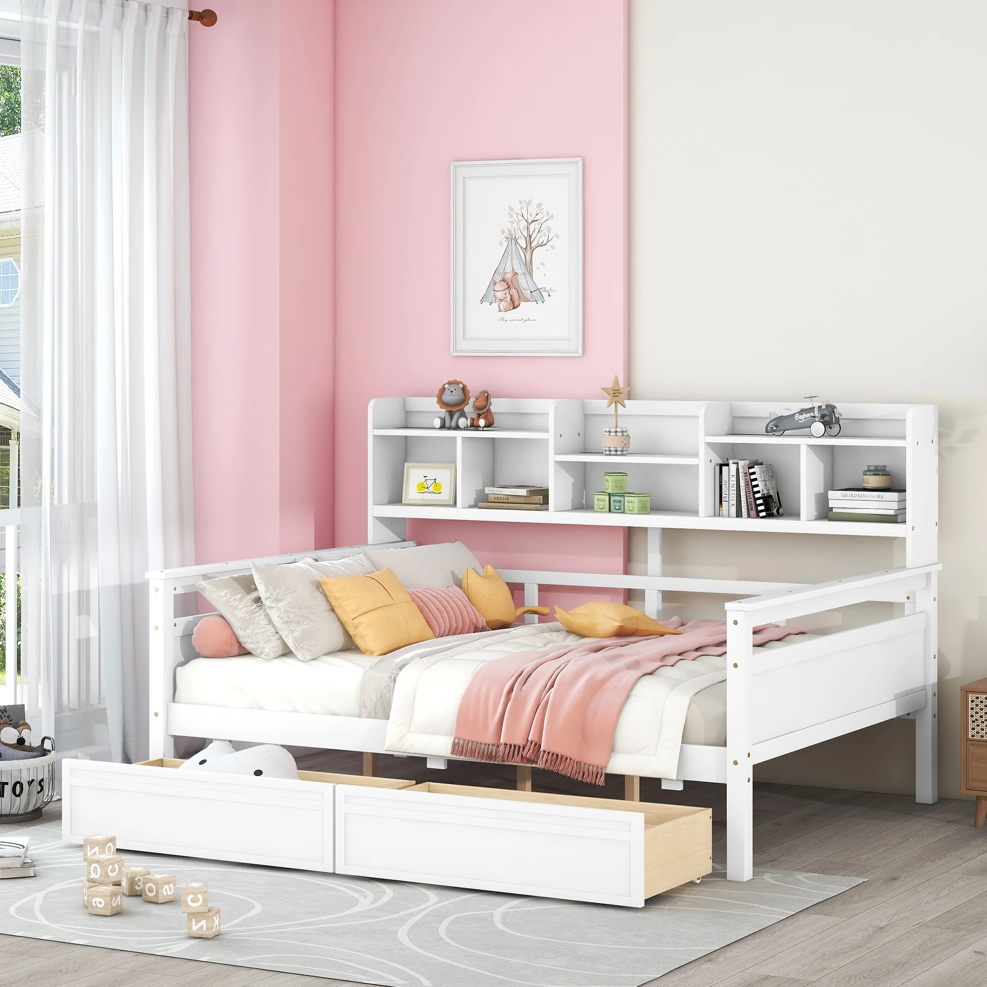 Churanty Full Size Daybed with Bedside Shelf and Two Drawers, Wooden Captain Platform Bed with Built-in Bookshelves for Kids Teens Bedroom,White