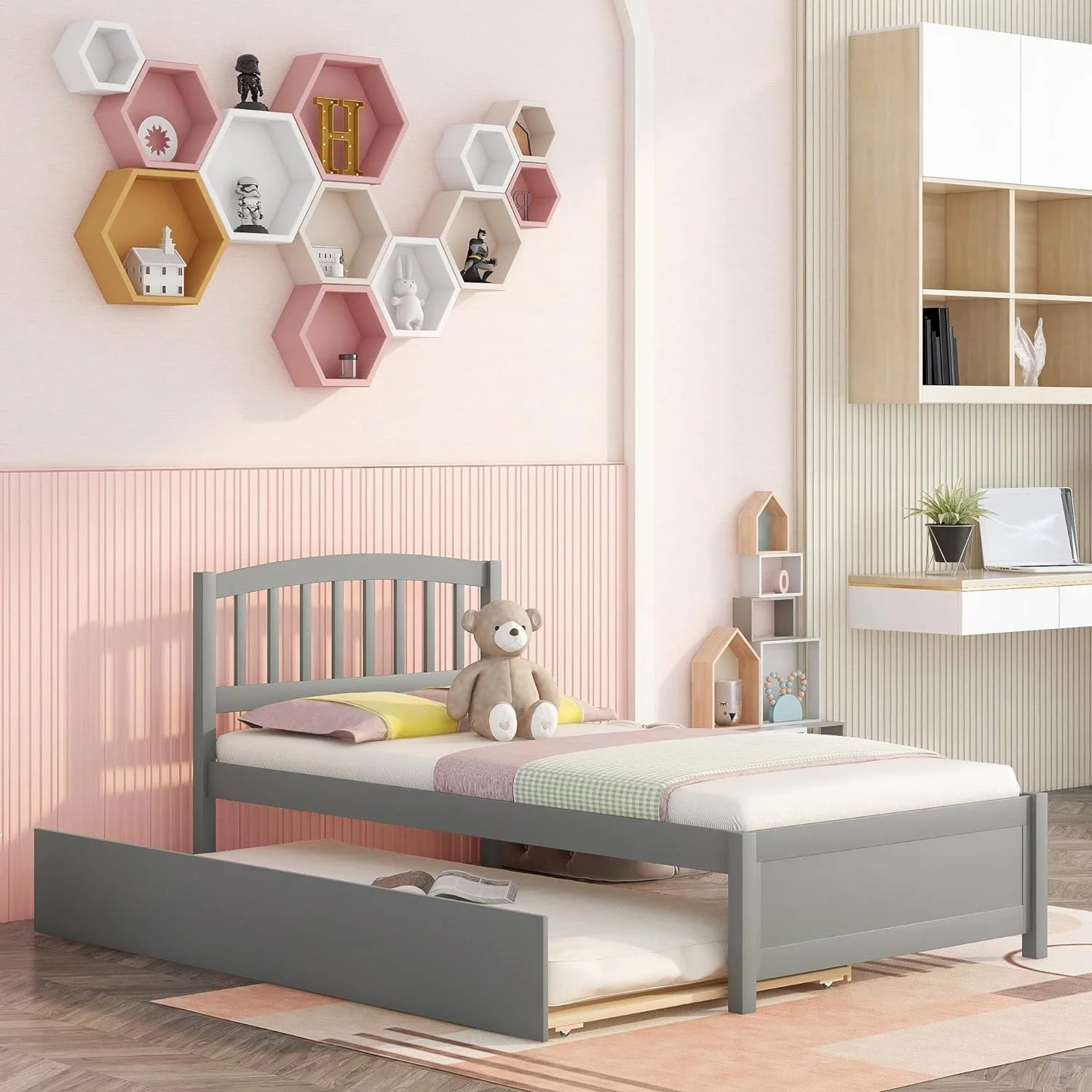 Bed Frame With Trundle, Bed Frame With Headboard, Wood Platform Bed With Pull Out Trundle For Kids, Guest Room,No Box Spring Needed,Gray